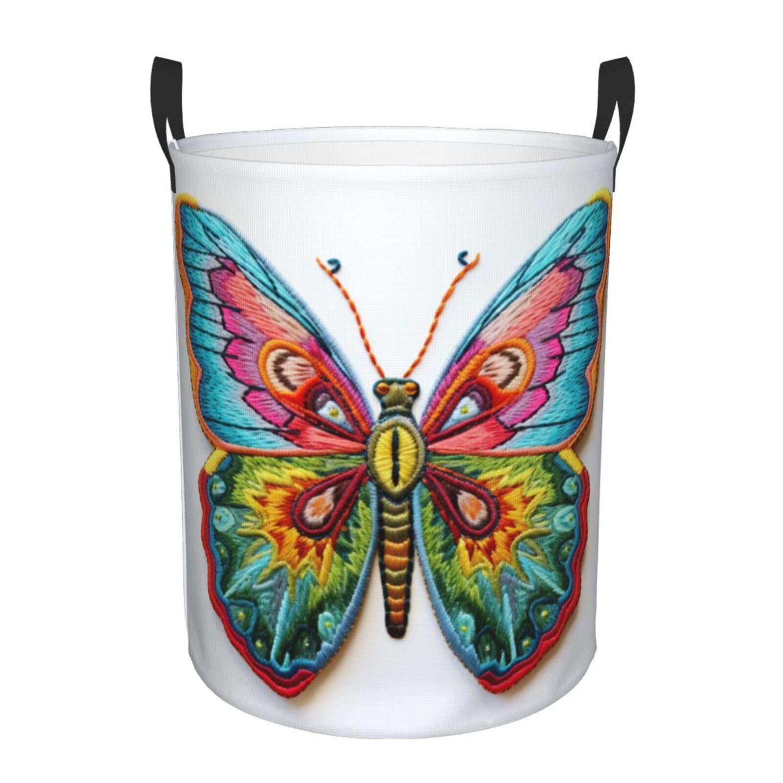 M Collapsible Laundry Hamper Round Embroidery Colorful Butterfly Print Storage