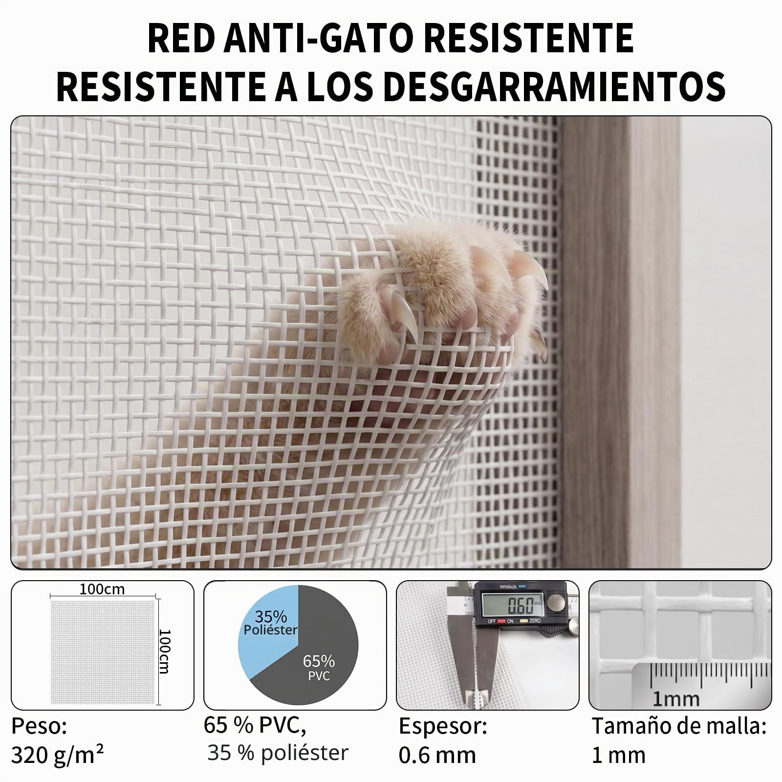BKSAI Mosquitera Ventana para Gatos, Red Anticaída Adhesiva sin Taladrar, Malla Recortable Resistente a Arañazos, Protección Mascotas para Ventana - 130x150 CM Blanco Roto
