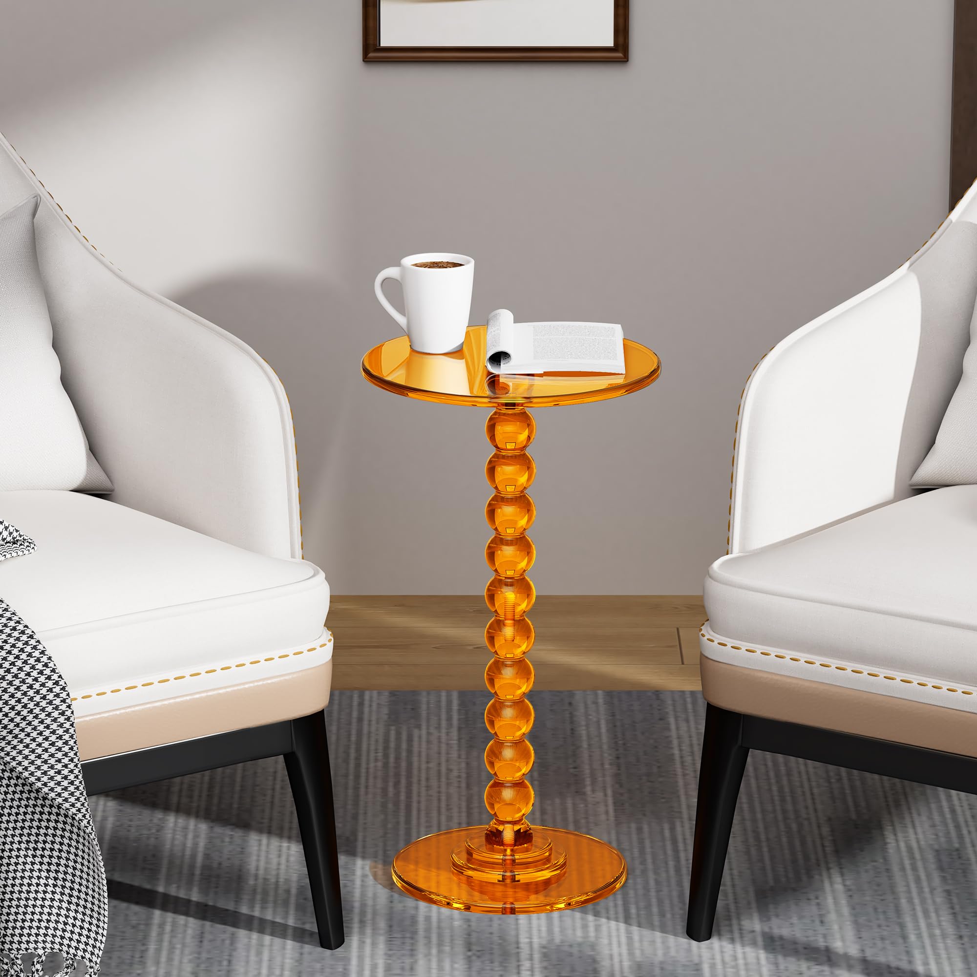Mesa Auxiliar de acrílico, Mesa Lateral con Tapa Redonda y Poste sólido para salón, Dormitorio, balcón, Mesa de Apoyo, fácil Montaje (Naranja, 30×30×55 cm)