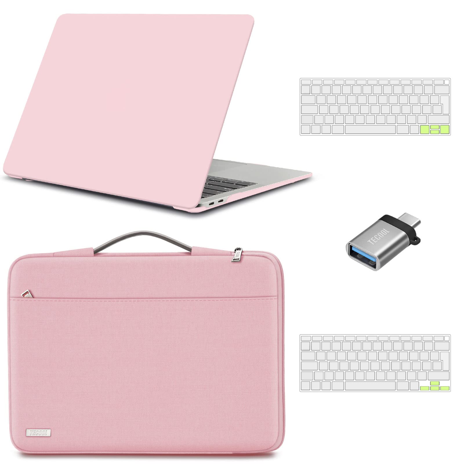 TECOOL13 Inch Case Compatible with MacBook Air 13 inch 2022 2021 2020 2019 2018 A2337 M1 A2179 A1932, Plastic Hard Shell & Sleeve Bag & Keyboard Cover & USB adapter for Mac Air 13.3 - Pink & Pink