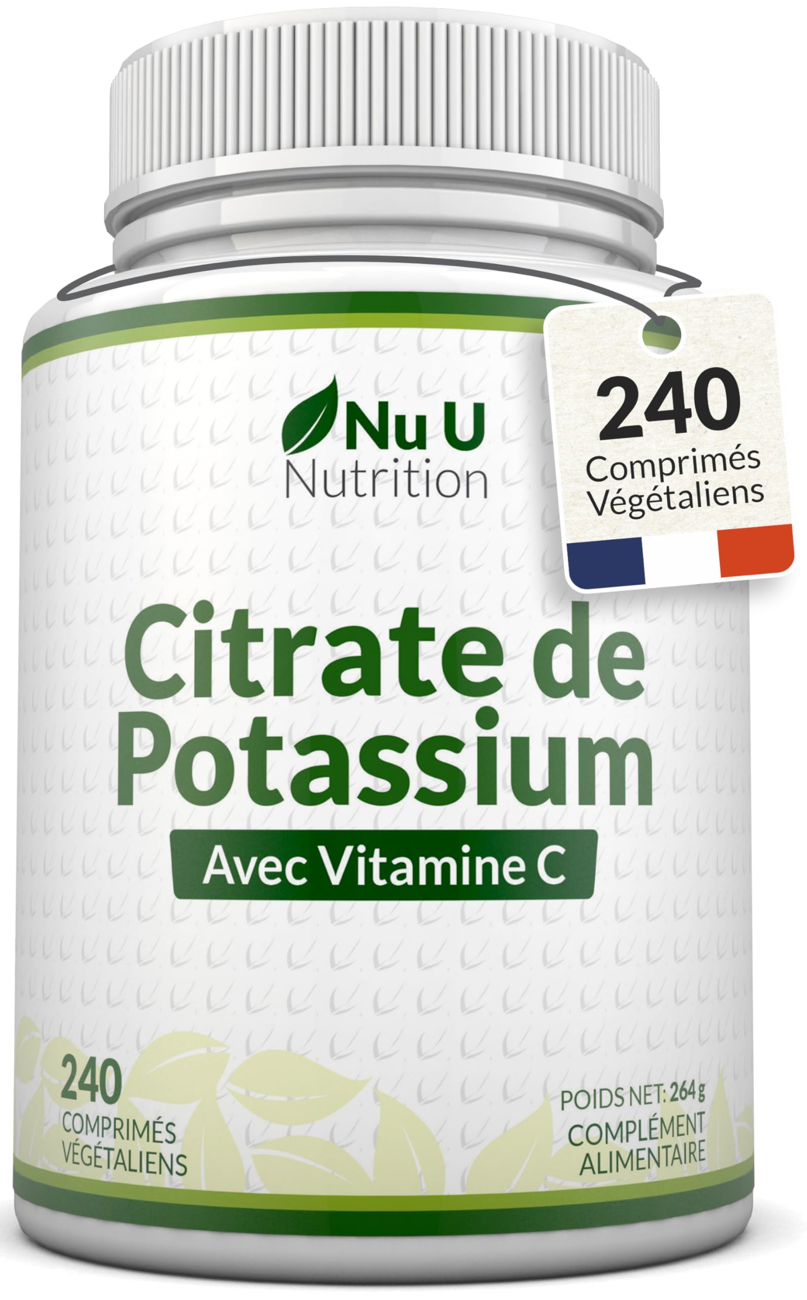 Potassium 1550mg & Vitamine C - 240 Comprimés Végétaliens - 4 Mois d’Approvisionnement - Citrate de Potassium à Forte Puissance - Support d'Électrolytes Naturels - Nu U Nutrition