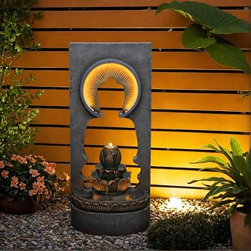 Bumilgar 35.4" H Buddha Water Fountain Outdoor&Indoor, 5-Tiers Cascading Modern Feature Crocks Garden Fountains and Waterfalls with Warm Lights for Porch, Deck, Patio, Home Decor, Gift IdeasGray