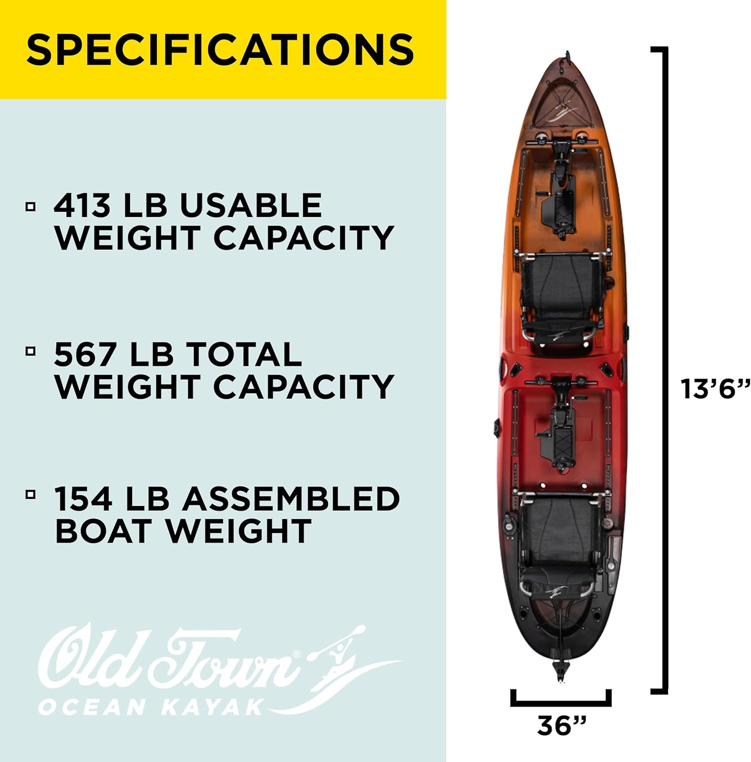 Old Town Ocean Kayak Malibu Pedal T 2 Person Sit-on-Top Recreational Pedal Kayak, 13 ft 6 in