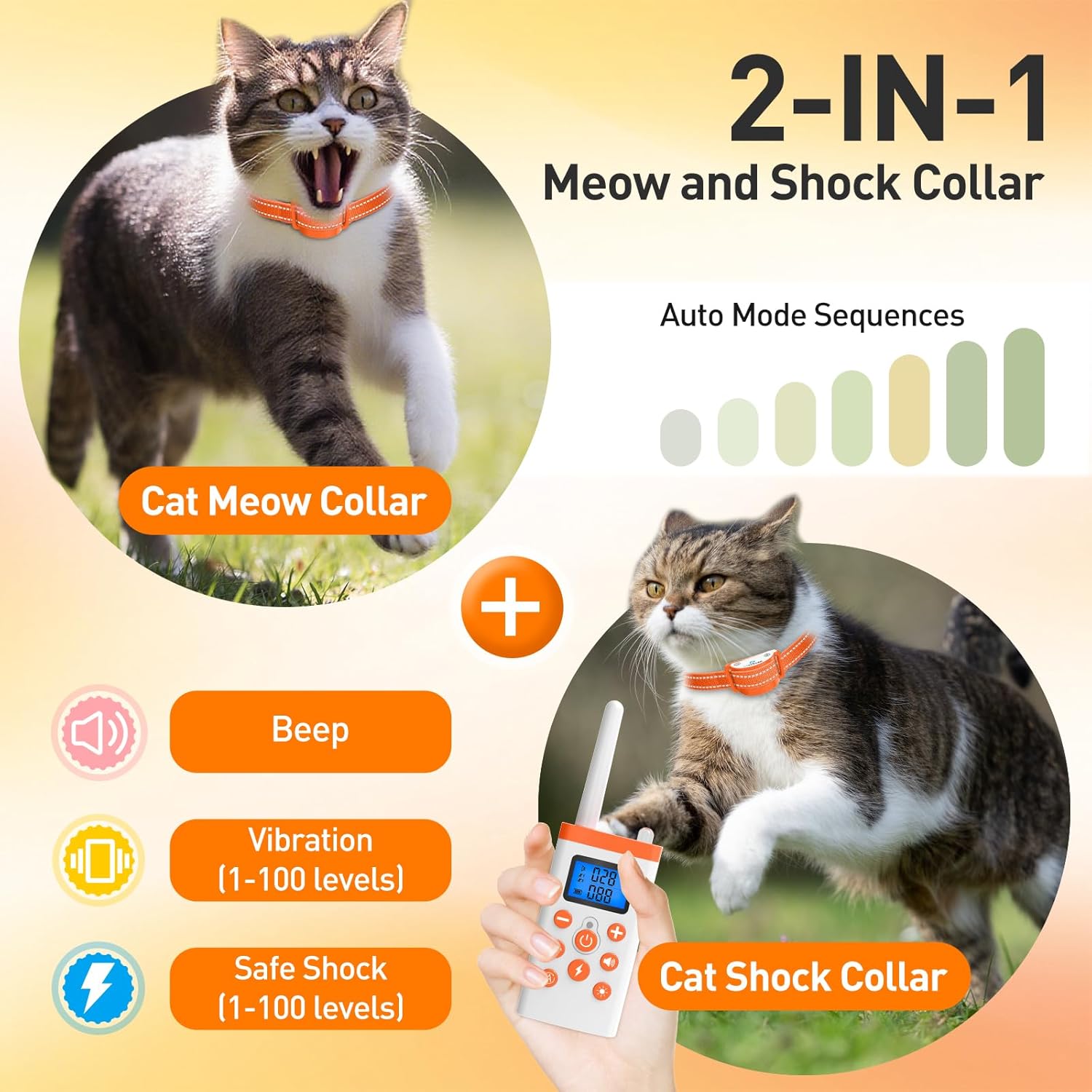 2-in-1 Cat Shock Collar, Shock Collar for Cats with Beep Vibration Shock & Auto Stop Meowing 4 Modes, 2300ft Cat Training Collar with Remote Effective for Bad Behavior IP67 Waterproof