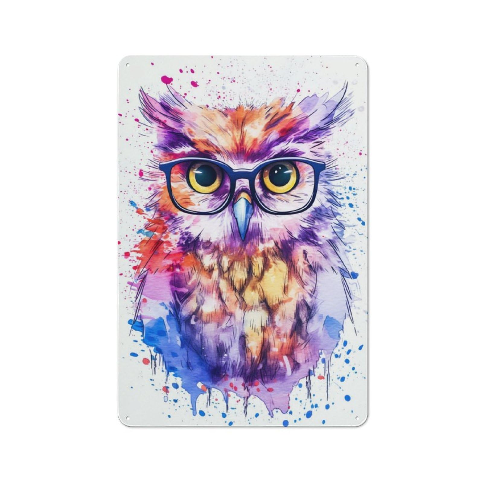 Junmoney Cute Owl Wearing Glasses Vintage Tin Sign 30X20cm Featuring For Café Or Home Bar, A Metal Wall Feature For Cafés And Home Bars
