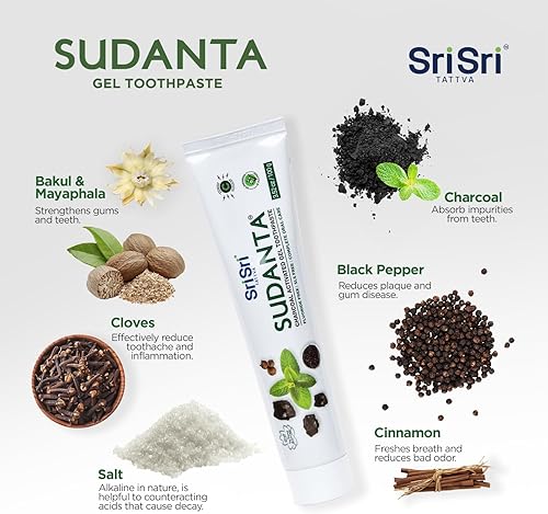 Miniatura 4 de Sri Sri Tattva Sudanta - Gel de pasta de dientes de carbón - SLS, pasta de dientes a base de hierbas sin flúor con neem y hierbas ayurvédicas -