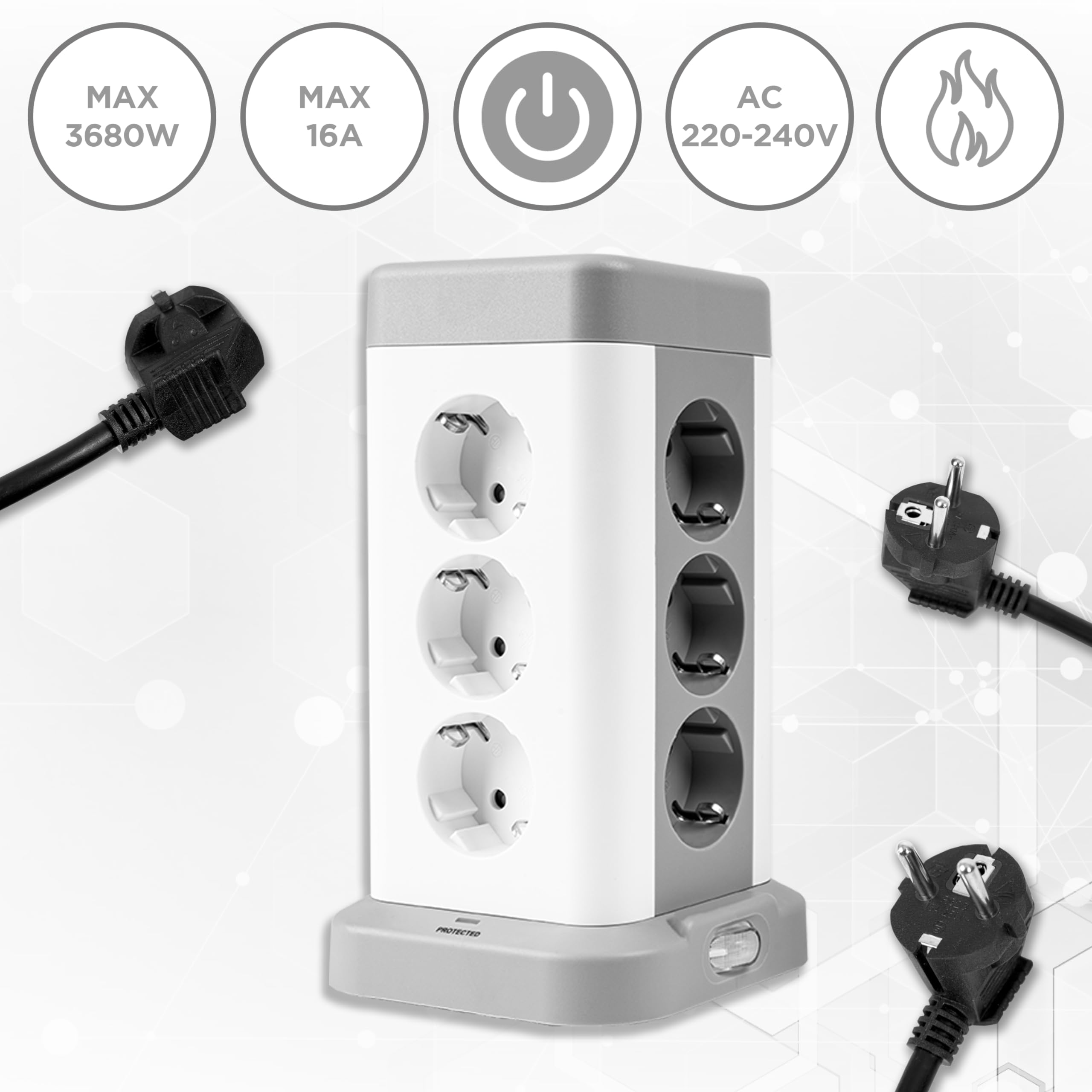 Duronic ET12C Multipresa Torre 3680W con 12 Prese Schuko + 4 USB-A + USB-C | Ciabatta Elettrica Verticale con Protezione Sovraccarico e Cavo 1.8m, Torre Multipresa USB Casa Ufficio Gaming TV