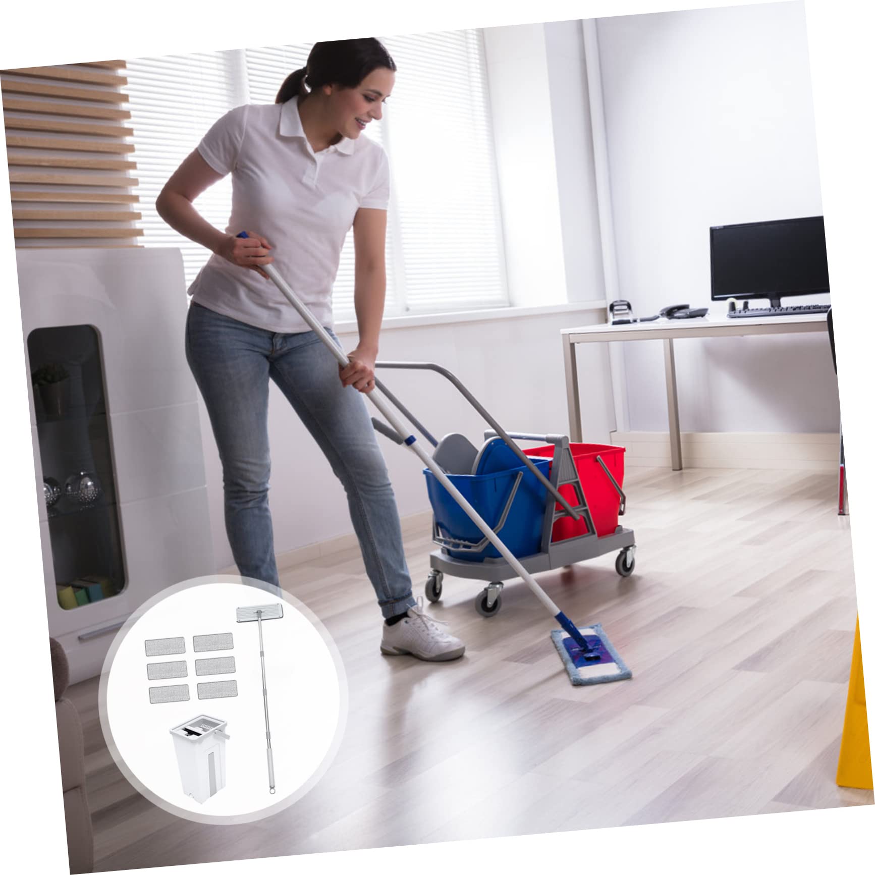 Trapeador Giratorio de Microfibra con Cubo para Limpieza Doméstica | Juego 1 Set con Cubo y 6 Paños de Repuesto, Mango Integrado, Plástico y Acero Inoxidable