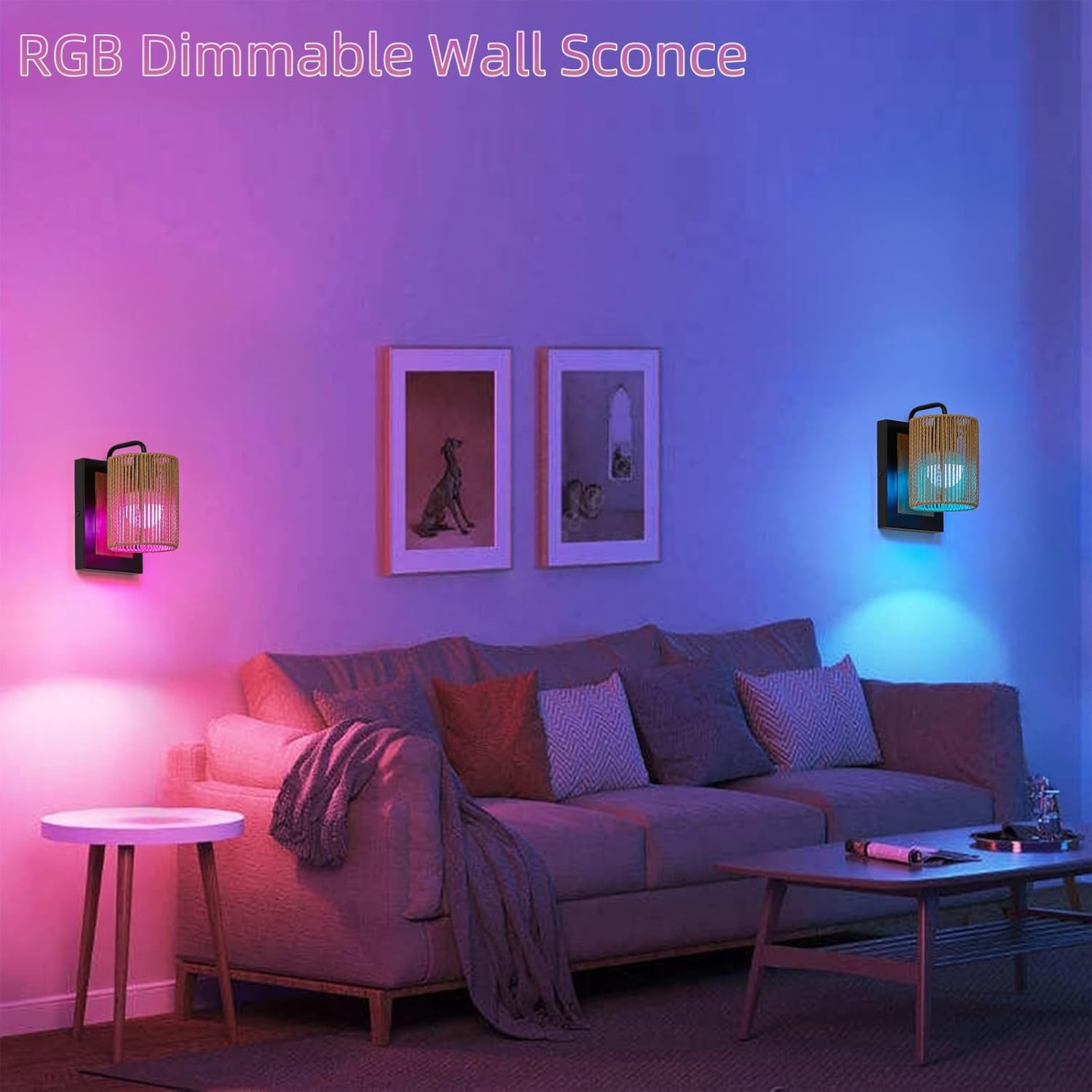 Battery Operated Wall Sconces Set of 2, Wireless Boho Rattan Wall Lights with Dimmable Bulbs, Remote & 12-Color RGB, Rechargeable Lamps for Bedroom, Living Room, Hallway Indoor Lighting