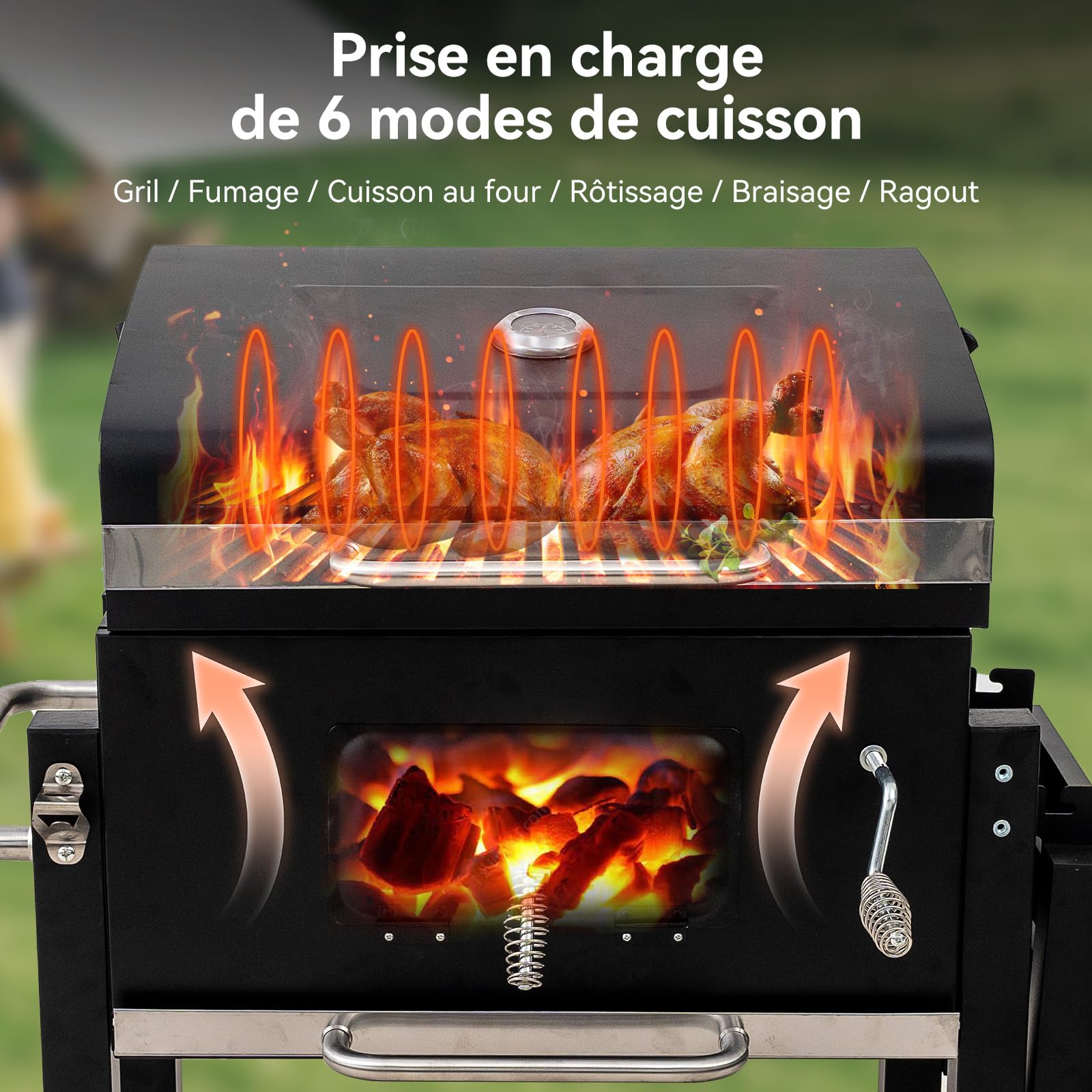 Barbecue Charbon de Bois, Gril avec Couvercle, Surface de Cuisson: 56×42,5 cm, Bac à Charbon Réglable en Hauteur, Table Latérale Pliante, Housse Barbecue Incluses