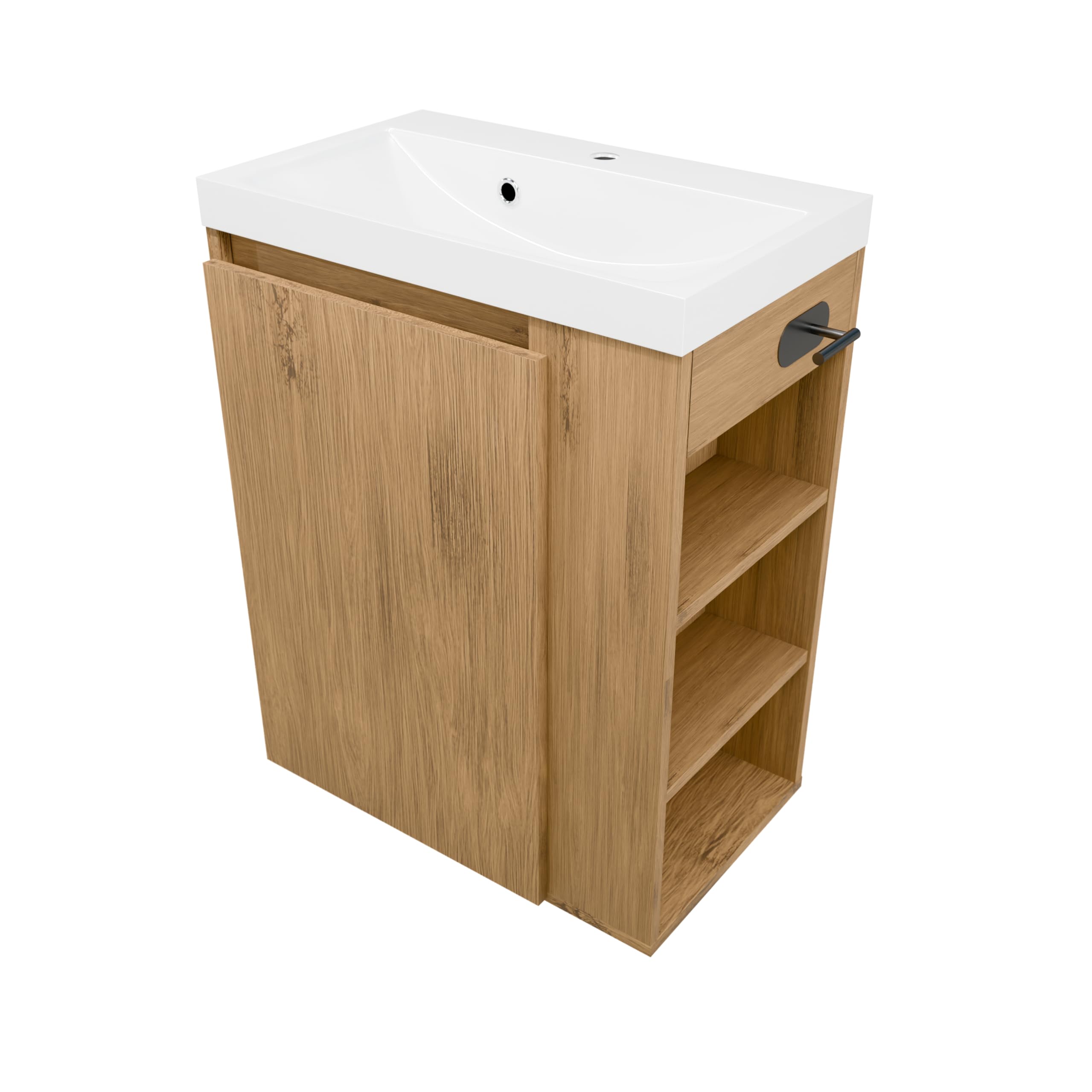 Mobile base con lavabo SEVA, 57 cm di larghezza, Set di mobili da bagno per bagno e WC ospiti, Lavabo in piedi o sospeso, Mobiletto con portarotolo - Rovere Lancillotto