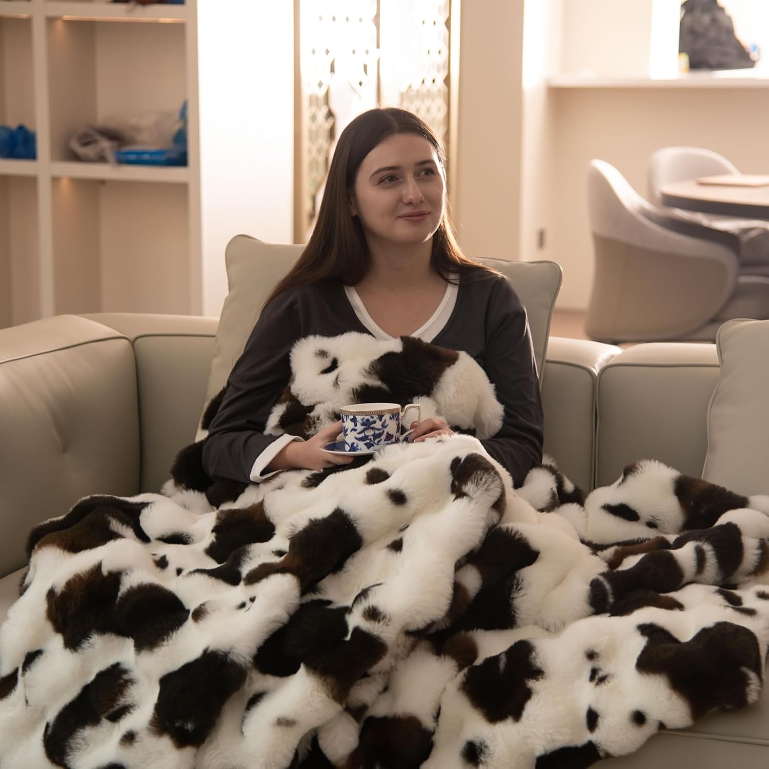 Cow Print Faux Fur Twin Blanket for Couch, Cozy Fluffy Ultra Soft Warm Plush Fuzzy Bubble Blanket for Bedroom Room Home Boho Decor Travel, Birthday Gifts for Women Men Teen - Image 7