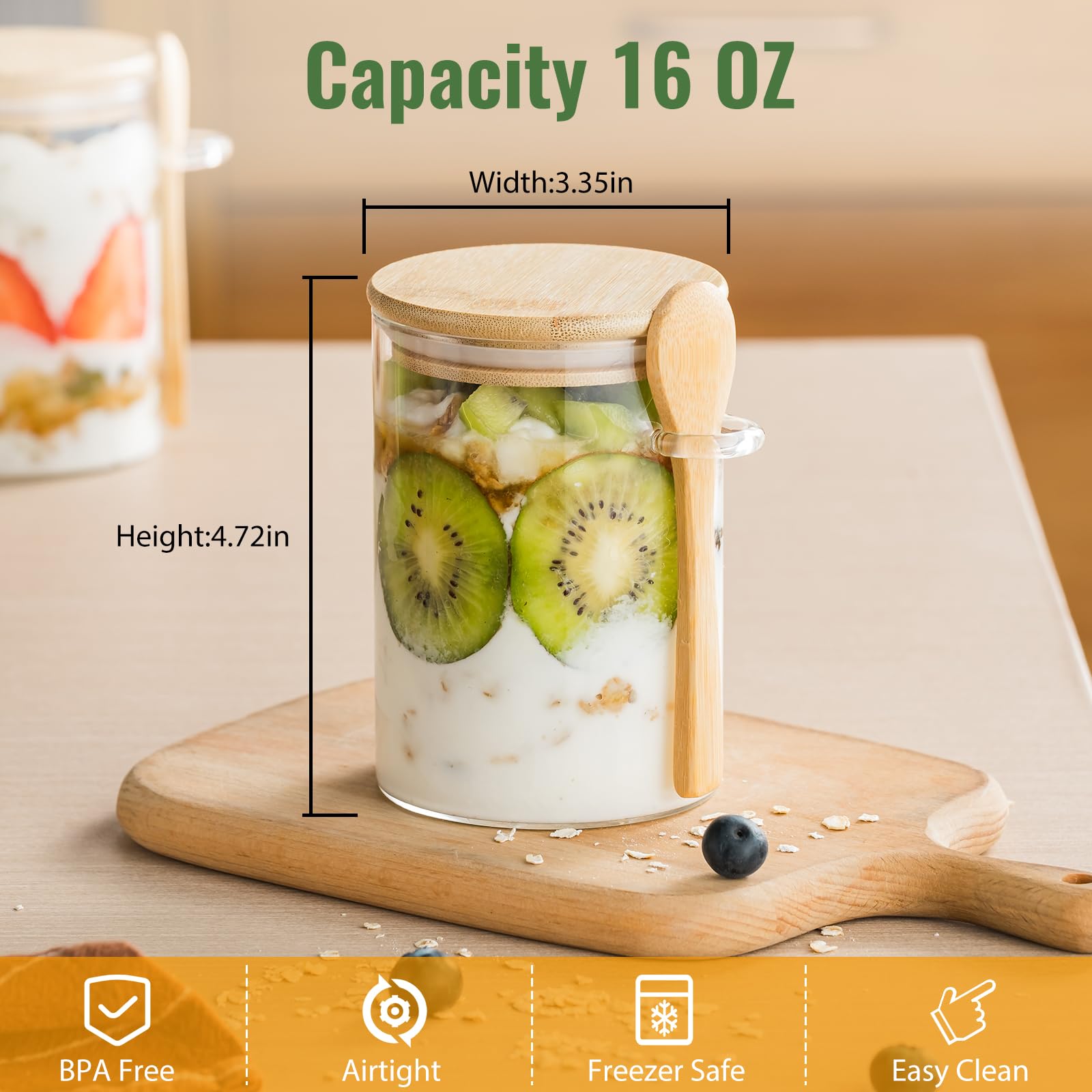 Paquete de 6 tarros de vidrio de 16 onzas con tapas y cucharas de bambú, recipiente de avena durante la noche, recipientes de vidrio para yogur, ensalada, azúcar, avena, cereales 2