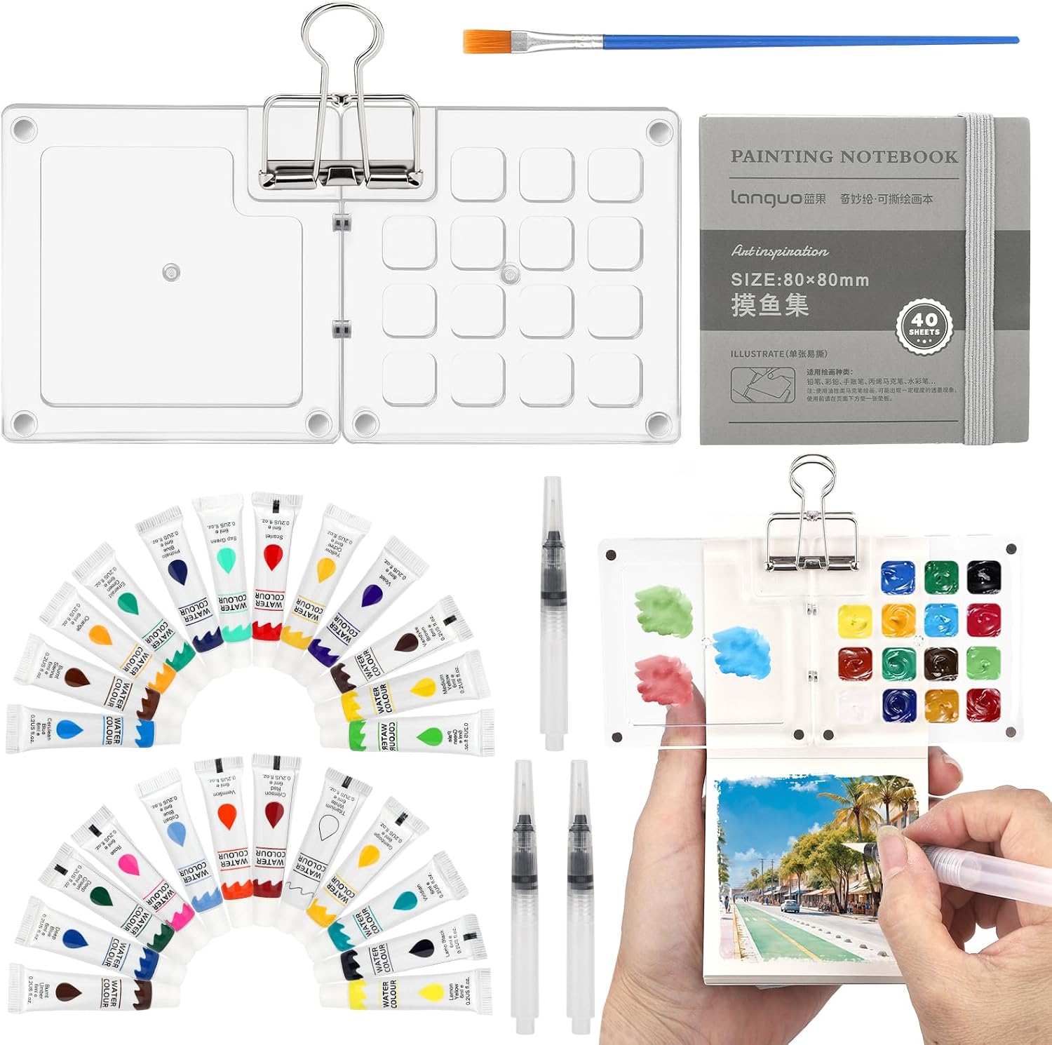 Mini Portable Watercolor Palette Set Watercolor Kit with 3 Brushes Painting Book Watercolor Paint Set for Beginners, 15 Grid, Clear