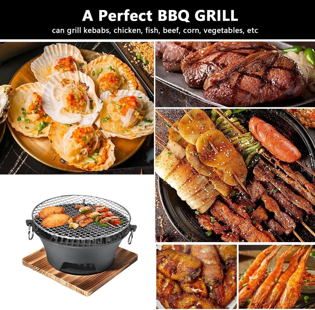 AIZYR Mini BBQ Grill, Portable Charcoal Stove Korean Tabletop Grill Barbecue Grill with Wooden Base for Outdoor Party Camping Picnics,26cm