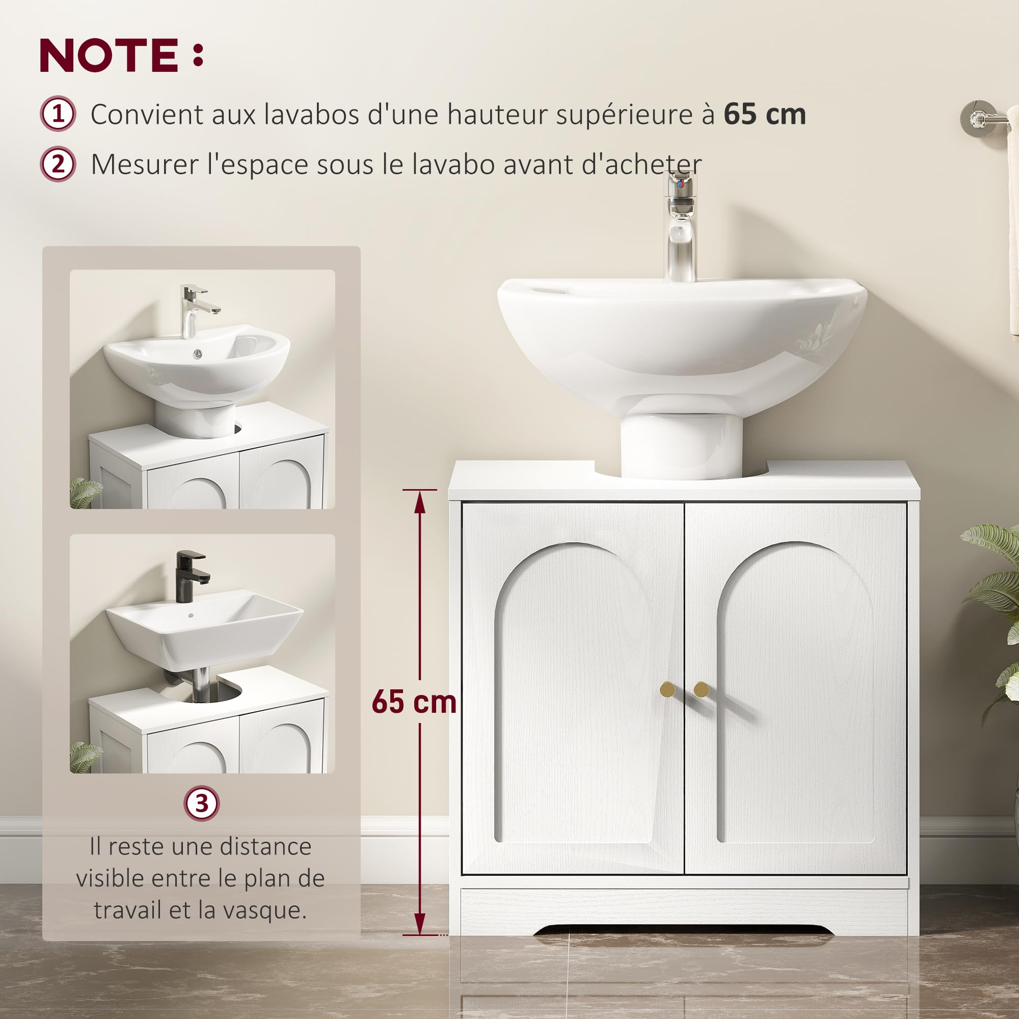 HOMCOM Meuble sous lavabo avec/sans Pédestal Socle 60 x 30 x 65 cm Blanc | Salle de Bain, Meuble sous Vasque, Armoire de Rangement pour Lavabo, Placard à Portes, Étagère Réglable, pour Bassin