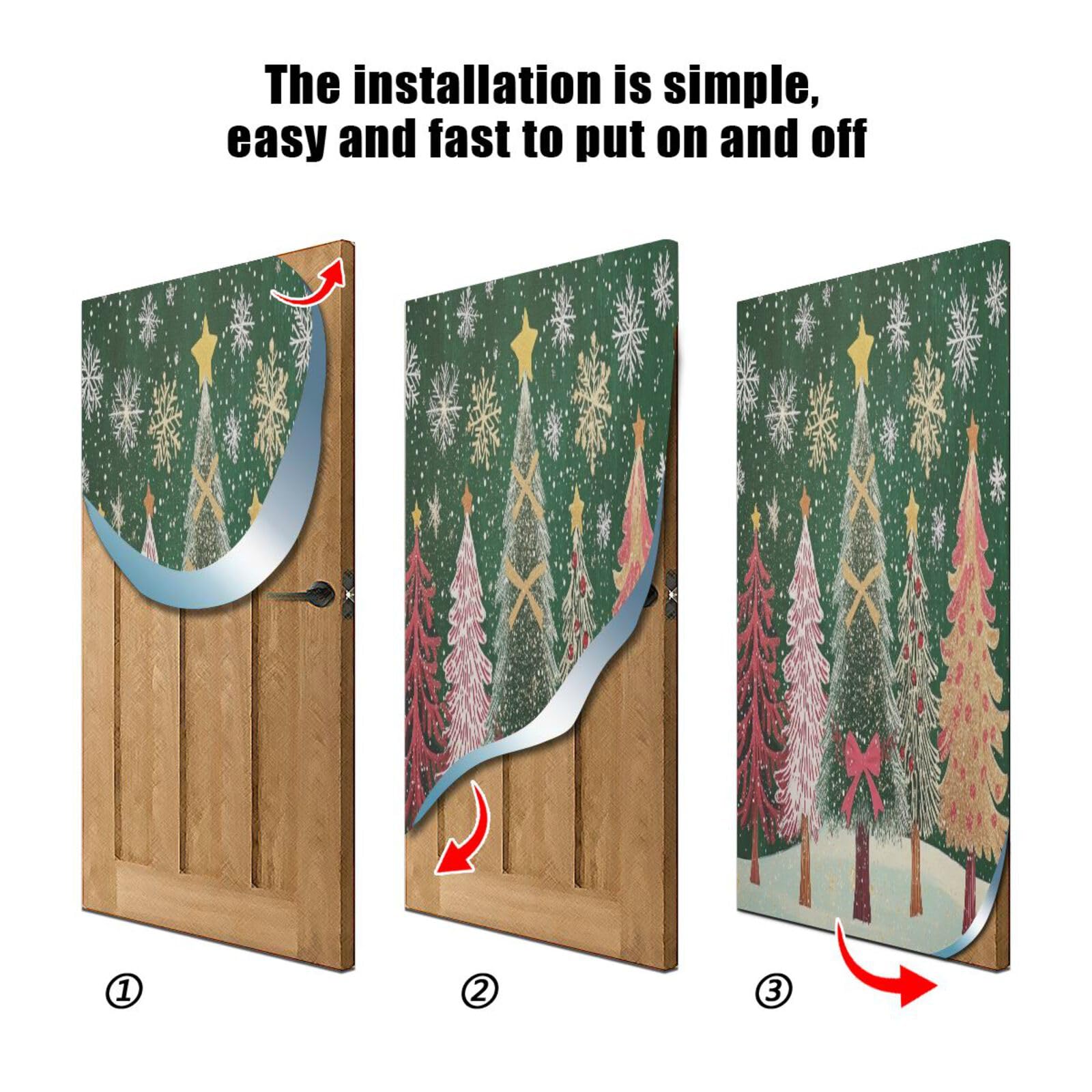 J JOYSAY Christmas Trees Green Snowflakes Door Decorations Door Cover Xmas Decorations Door Xmas Front Door Covering Scary for Christmas Decor,32x79 in