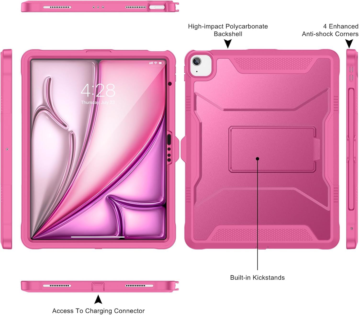 Soke Case for iPad Air 13-Inch M3 2025 & M2 2024,with Built-in Screen Protector and Kickstand, Rugged Full-Body Heavy Duty Protective Cover for Apple iPad Air 13 - Hot Pink - Image 3