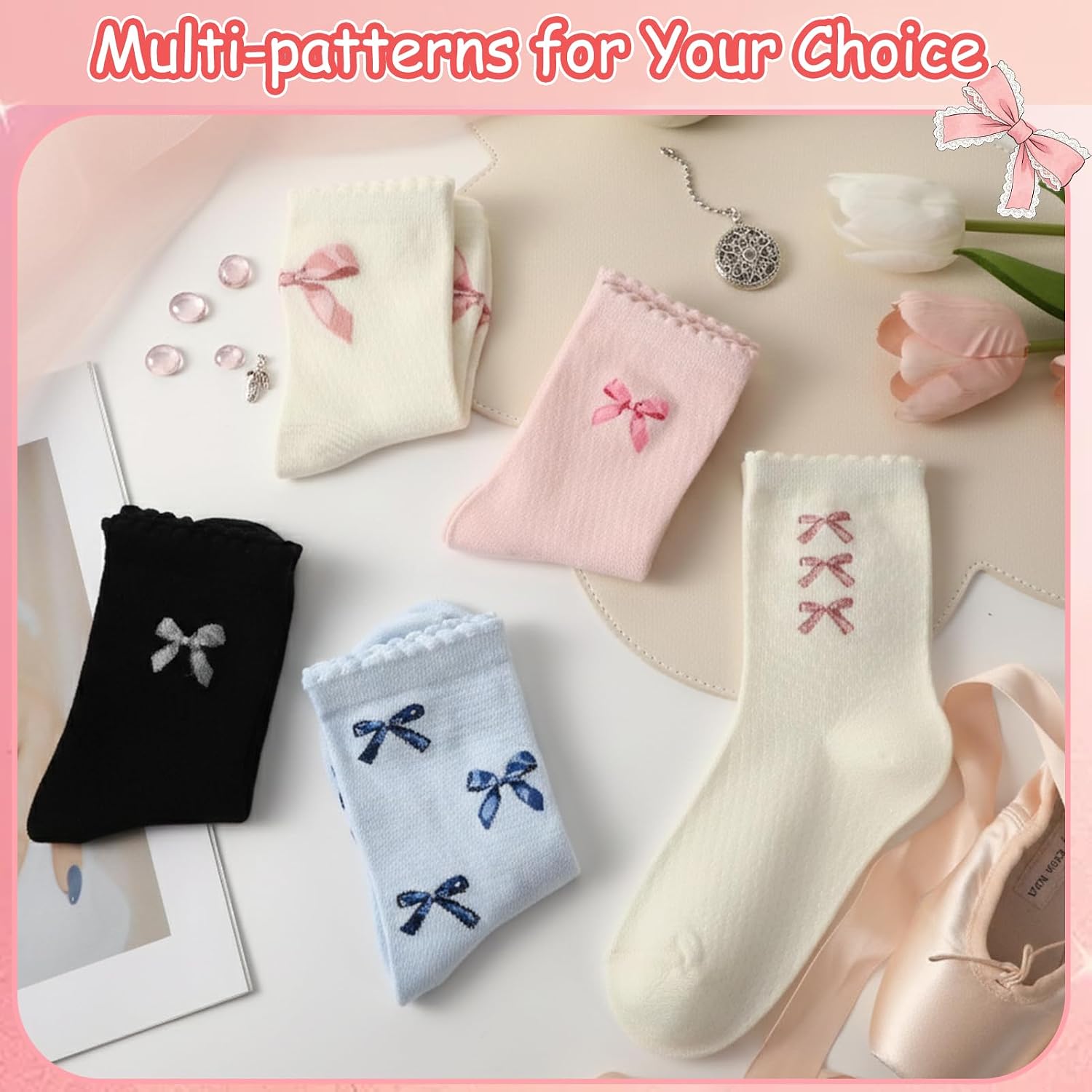 Jspupifip 5 Pairs Women Ruffle Bow Socks Cute Casual Ankle Crew Socks Soft Breathable Fashion Frilly Bow Cotton Sock