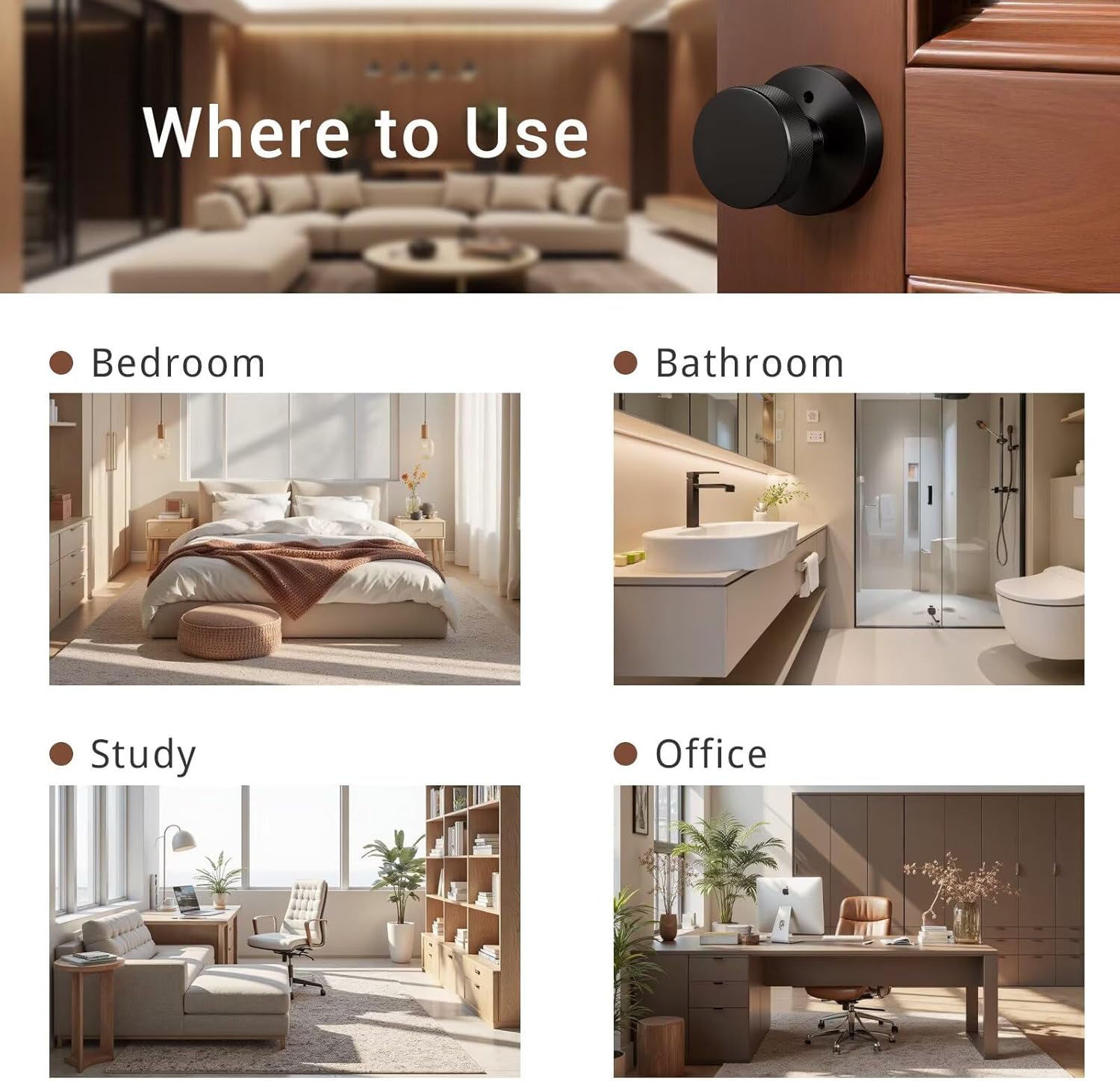 Knobonly 6 Pack Black Door Knobs Interior, Privacy Door knobs with Lock, Round Door Knobs for Bedroom and Bathroom, Matte Black Door Handles Zinc Alloy