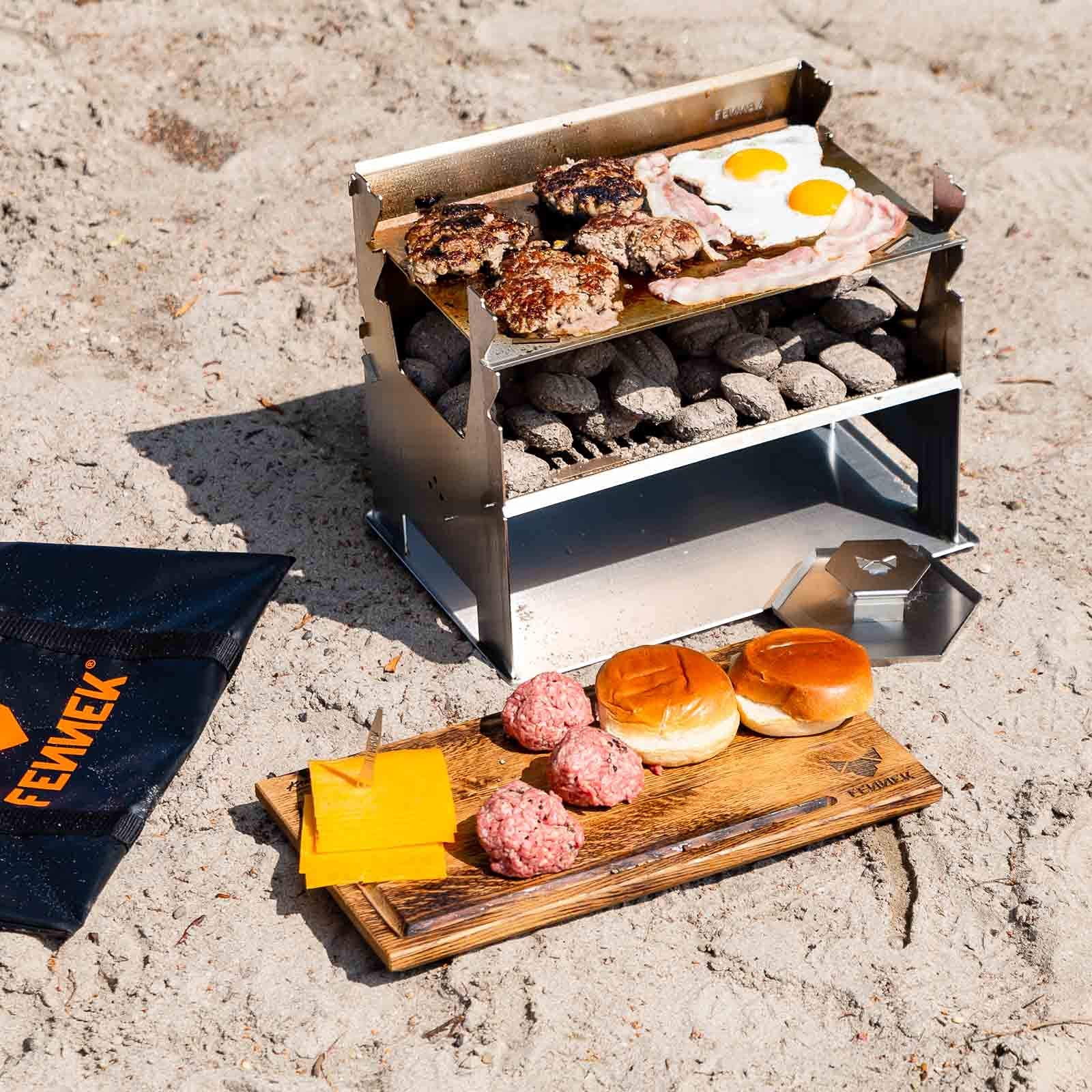 FENNEK 2.0 - Bandeja de goteo para barbacoa desmontable de carbón - Diseño compacto de acero inoxidable - Ideal para acampar, autocaravanas, el jardín y el aire libre