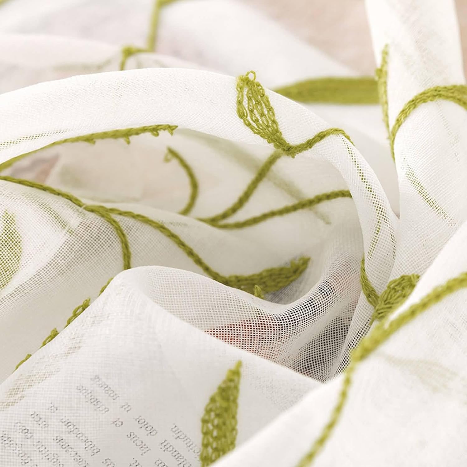 Room Curtains for Bedroom Aesthetic, Embroidered Branch Vine Pattern Sheer Curtain Semi Transparent, Green, 52W x 84L inch