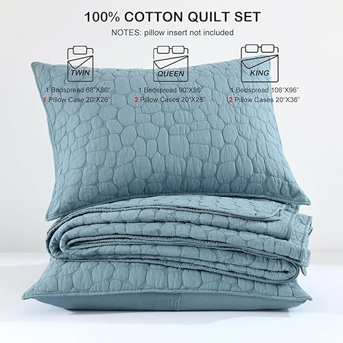 Miniatura 7 de HORIMOTE HOME - Juego de edredón de 100% algodón, tamaño king, color azul polvoriento con patrón de adoquines, prelavada, acogedora colcha