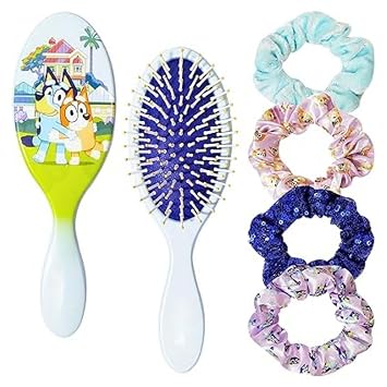 Blue Hair Accessories 5-Piece Set - 1 Regular 9" Blue Hair Brush + 4 Blue Hair Ties - Hair Accessories - Comb - Elastic Headband Cord Hair Ties for Women