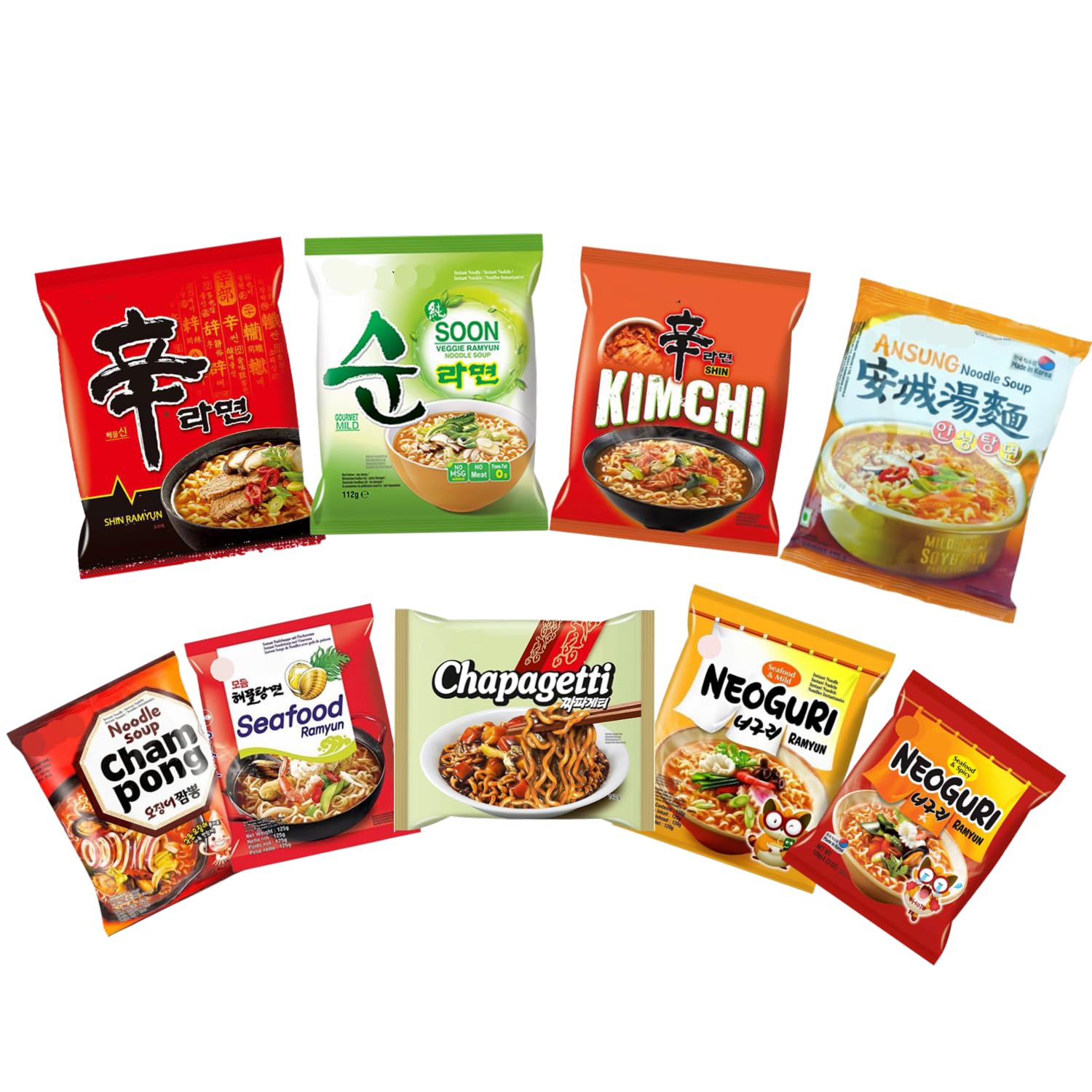 YIJIA | Pack de 9 NONG SHIM | Ramen Coreano instantáneo Seafood de Marisco,Soon Veggie,AnSangTangMyun, Kimchi,Neoguri Picante,Shin Ramyun,NeoguriMarisco,Chapagetti,Champong