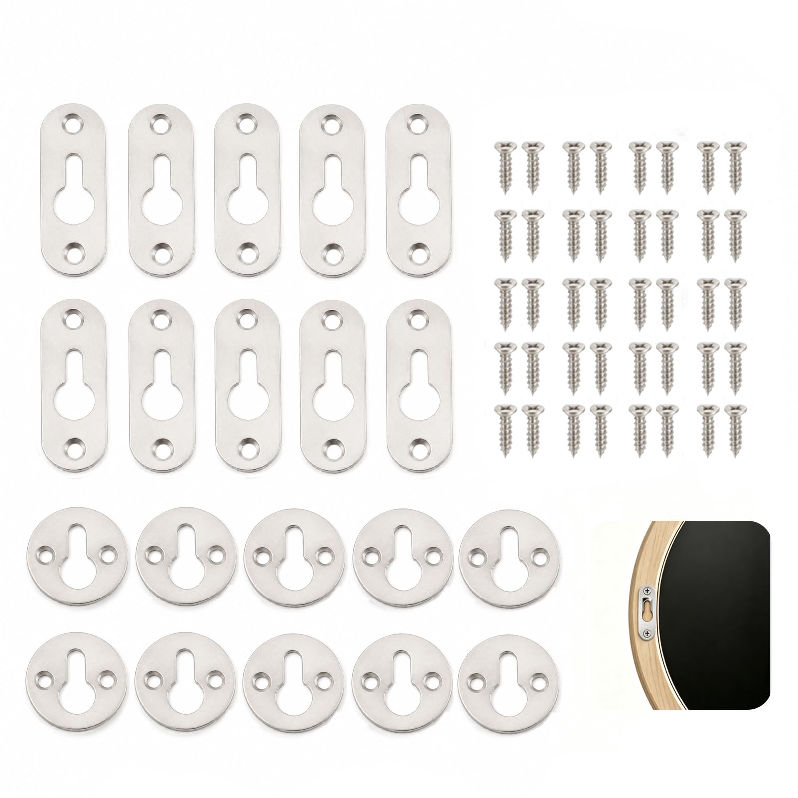 20 PCS Keyhole Hangers with 40 Screws, 10 Round 25 mm and 10 Oblong 45 x 16 mm Metal Keyhole Hanging Plates for Picture Frames, Mirrors, Wall Art, Furniture