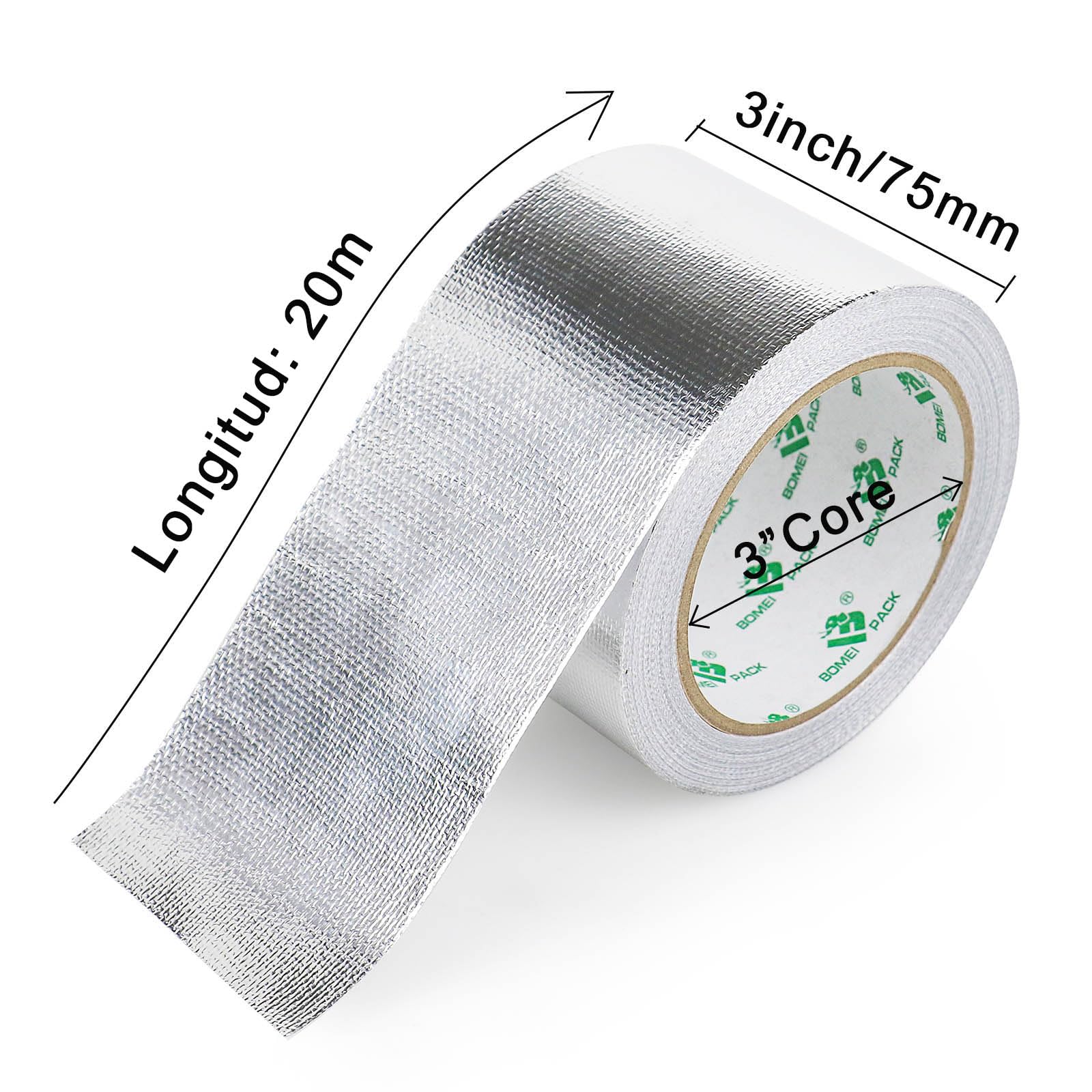 BOMEI PACK Ruban adhésif renforcé en aluminium, 75 mm x 20 m, idéal pour sceller, réparer et isoler les surfaces dans les projets