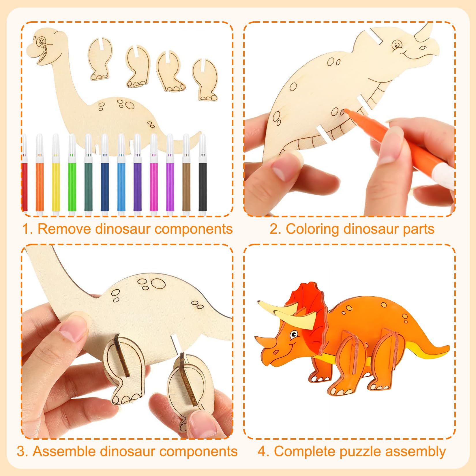 Fulushouxi Zestaw do majsterkowania z 10 dinozaurami z drewna, 3D puzzle z dinozaurami, zestaw DIY do urodzin smoka do malowania i robótek, materiały do robótek na imprezę z 12 piórami