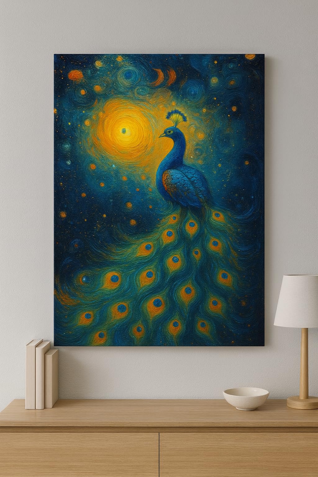 Oil Painting Handmade on Stretched Canvas, Peacock | Starry Night Style, Blue & Gold Tones, Textured Brushwork, Ready to Hang, Living Room Décor-picture-49