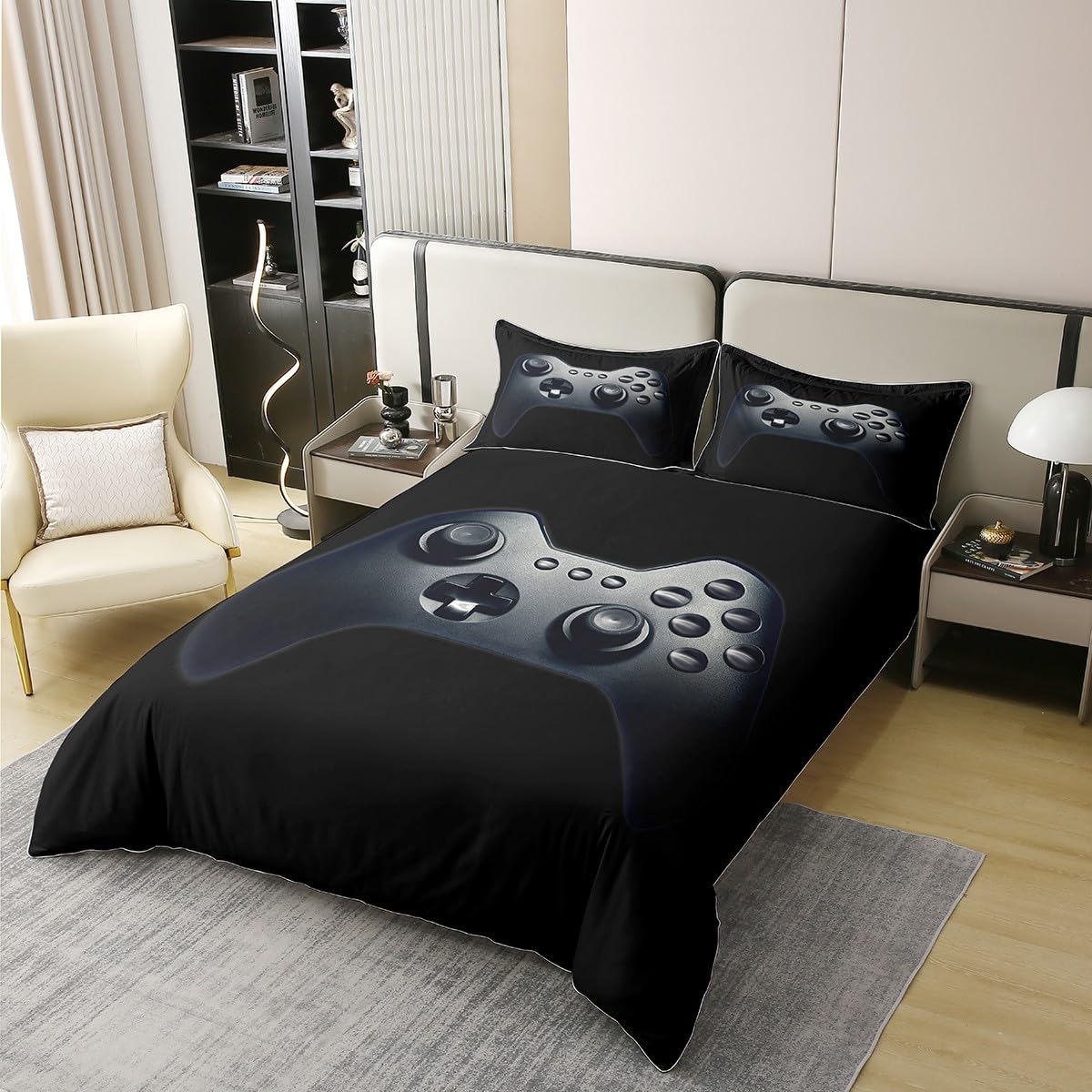 Homewish Housse de Couette 220x240 Jeux Vidéo Coton, pour Ado Garçon, Parure de Lit Manette de Jeux, Ensemble de Literie Patron de Manette de Jeu Vidéo Vintage, Réversible, Noir et Gris