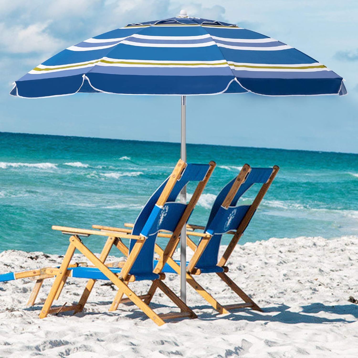 Bumblr 6.5ft Beach Umbrella with Sand Anchor & Tilt Mechanism Outdoor Sunshade Portable Umbrella with Carry Bag Wind Resistant UV Protection for Sand Heavy Duty Beach Garden Outdoor, Blue Green