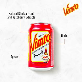 Vimto Sparkling Fruit Flavored Drink Soda with Natural Black Cherry, Raspberry, Black Currant Middle Eastern Formula Perfect for Ramadan, Celebrations Refreshing Beverage, 12 fl oz (Pack of 24)