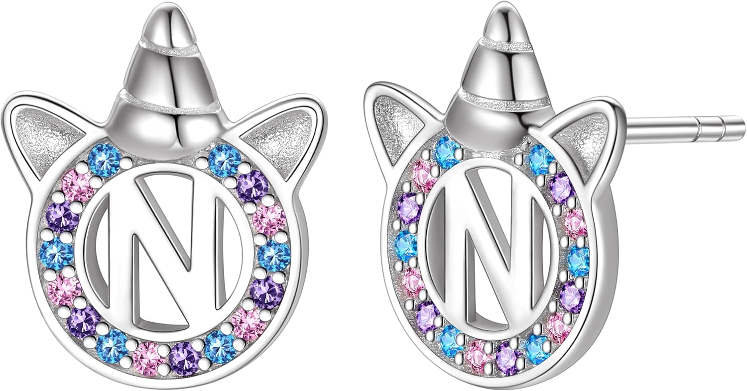Unicorn Initial Earrings for Girls Women, 925 Sterling Silver Alphabet Stud, Ideal Initial Letter Stud Earrings Birthday Gifts for Girls Women