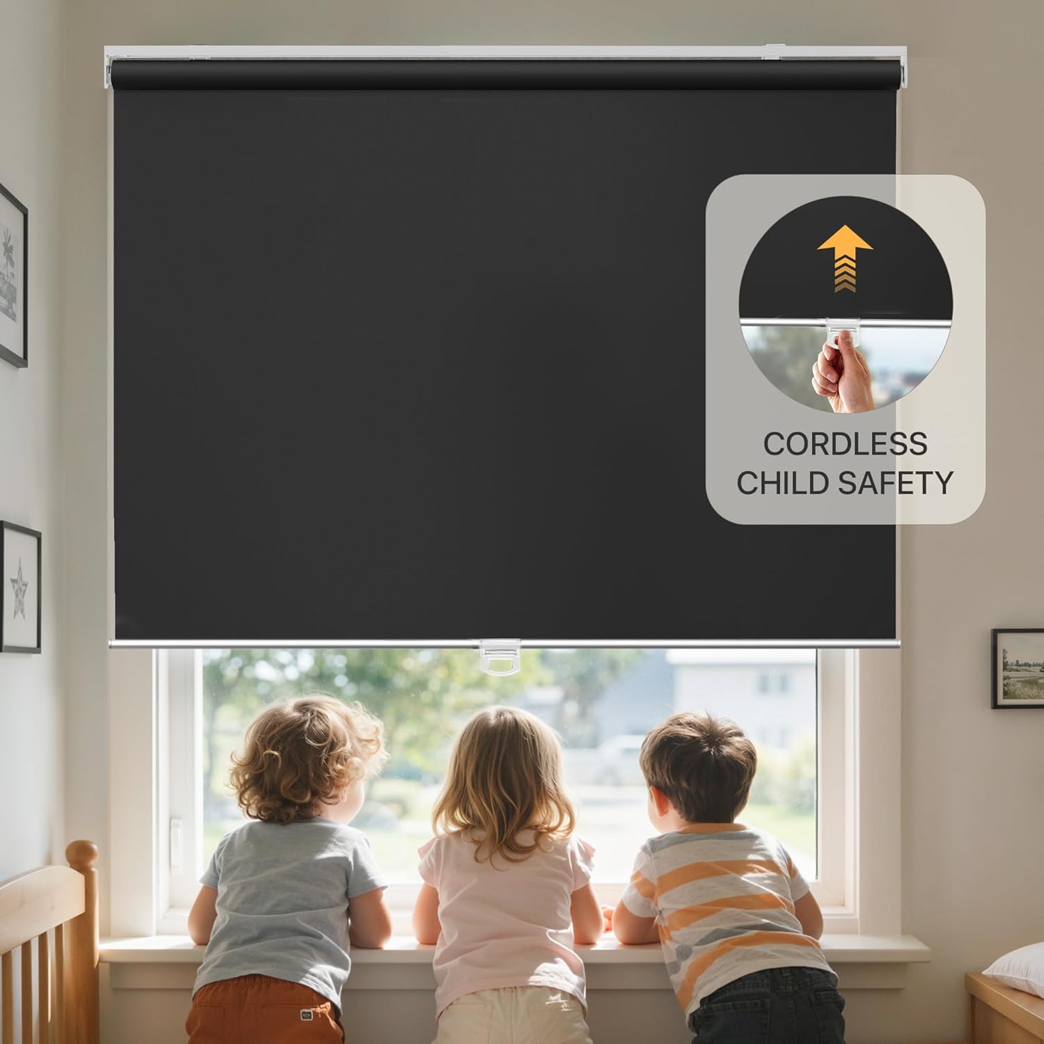 GENIMO 100% Blackout Roller Window Shades, Window Blinds Cordless with Thermal Insulated, UV Protection Fabric, Mini French Door Blinds for Home, Bedroom, Office, Black, 58" W X 72" H