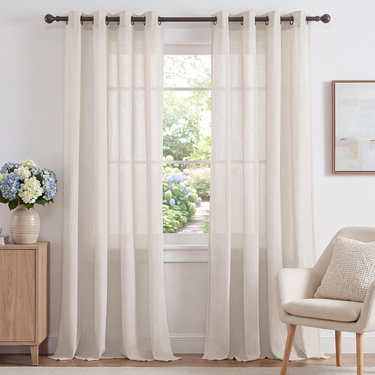 PrinceDeco Linen Curtains Semi-Sheer Light Filtering,2 Panel,52x96,Natural