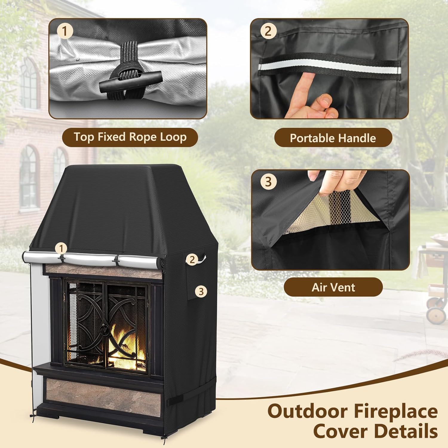 COSHNIBI Outdoor Fireplace Cover,Heavy Duty Waterproof Tall Wood Burning Fireplace Covers,Cover for Upright Wood Storage Outdoor Fire Pits,36"L x 24"W x 57"H,Black