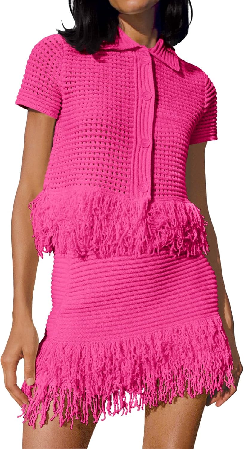 Fisoew Womens 2 Piece Crochet Outfits Short Sleeve Button Knit Sweater Tops Fringe Skirt Summer Vacation Sets Beach Cover Ups