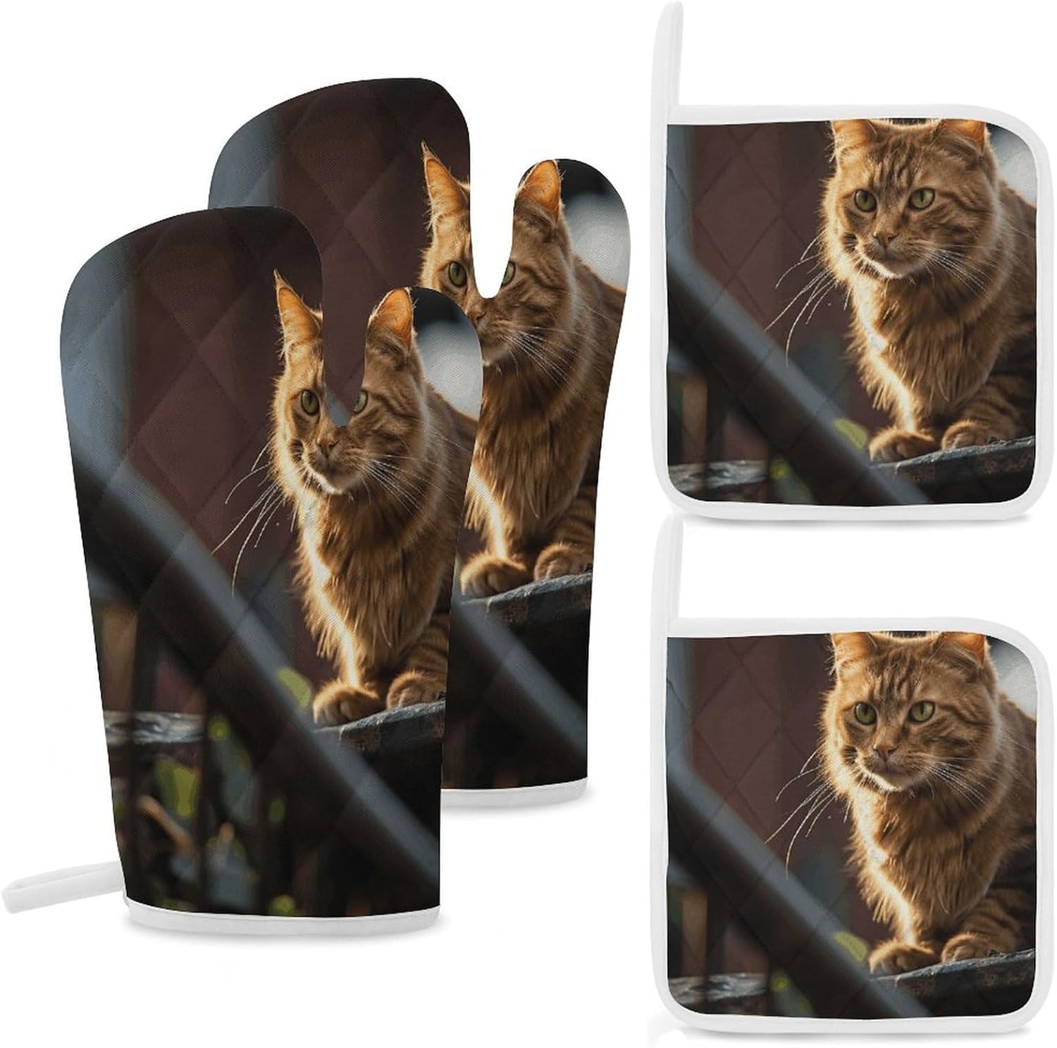 Oven Mitts Pot Holders Kitchen Cat on Railing Heat Resistant Oven Glove for Baking and Cooking