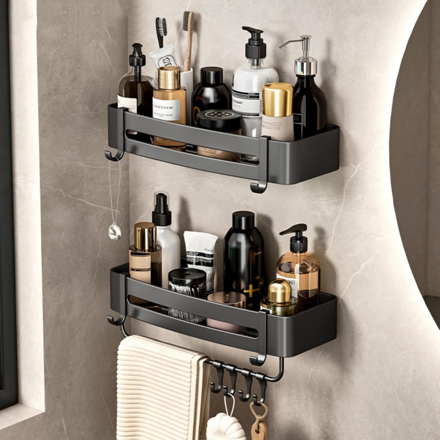 2 Pack Bathroom Shelves with 8 Hooks andTowel Bar, Aluminum Rustproof Bathroom Storage Organizer Shelf Shower Caddy Rack, Bathroom Shower Baskets Wall Storage Shelves for Bathroom Kitchen (Rectangle)