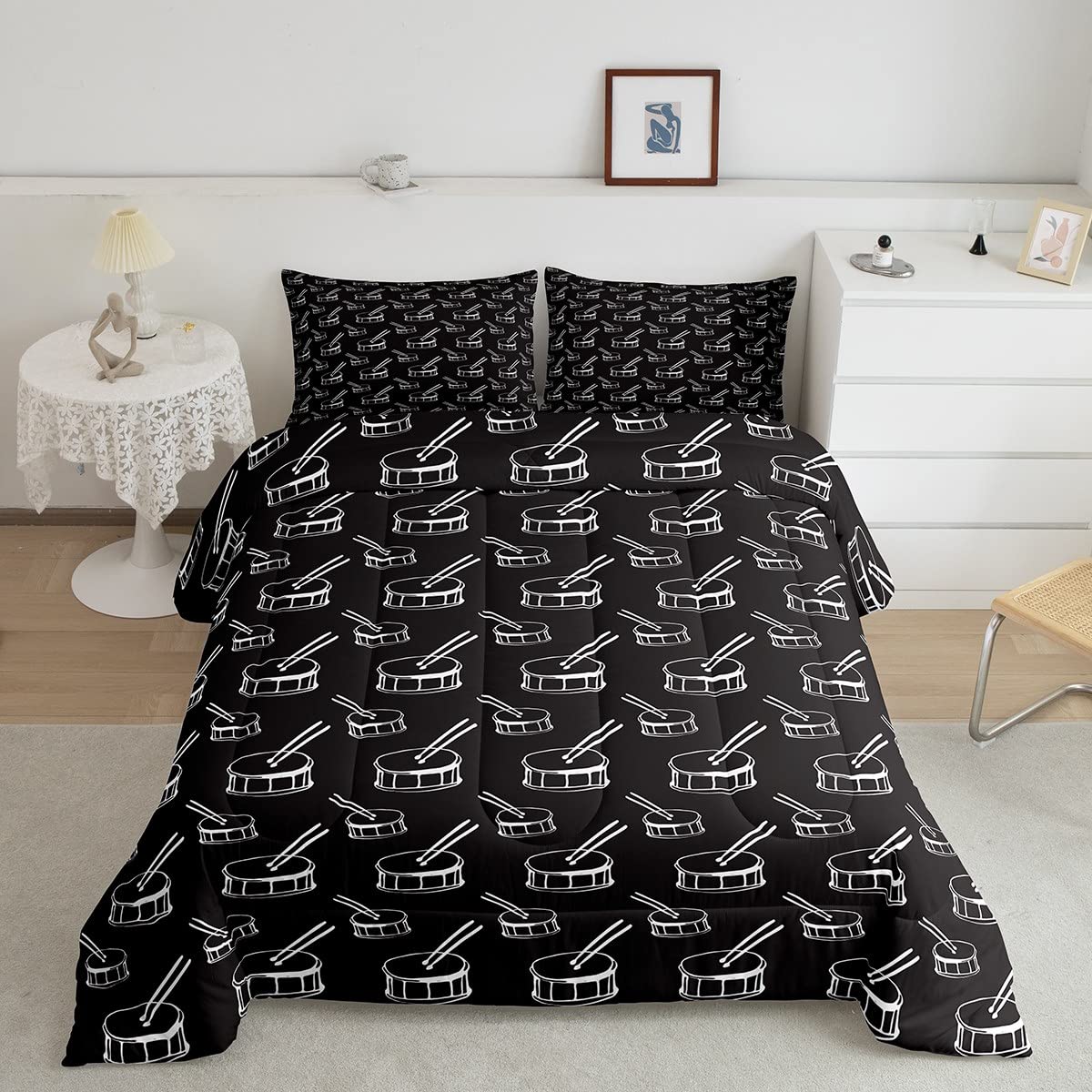 Set di biancheria da letto per musica rock Cool Drum Kit Consolatore ragazzi Camera Decor Kawaii Strumento musicale Consolatore Hip Hop Bianco e Nero Bedding Piumino 230x220cm con 2 federe