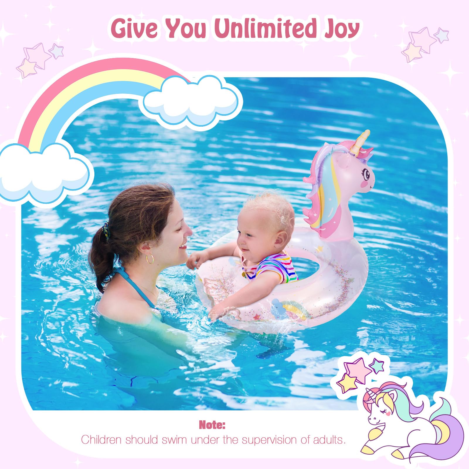 MoKo Inflatable Pool Float, Cute Glitters Unicorn Swim Tube Rings Inflatable Swimming Toys Floaties Fun Summer Water Floaties for Beach Pool Outdoor Party Water Toy for Children - Pink