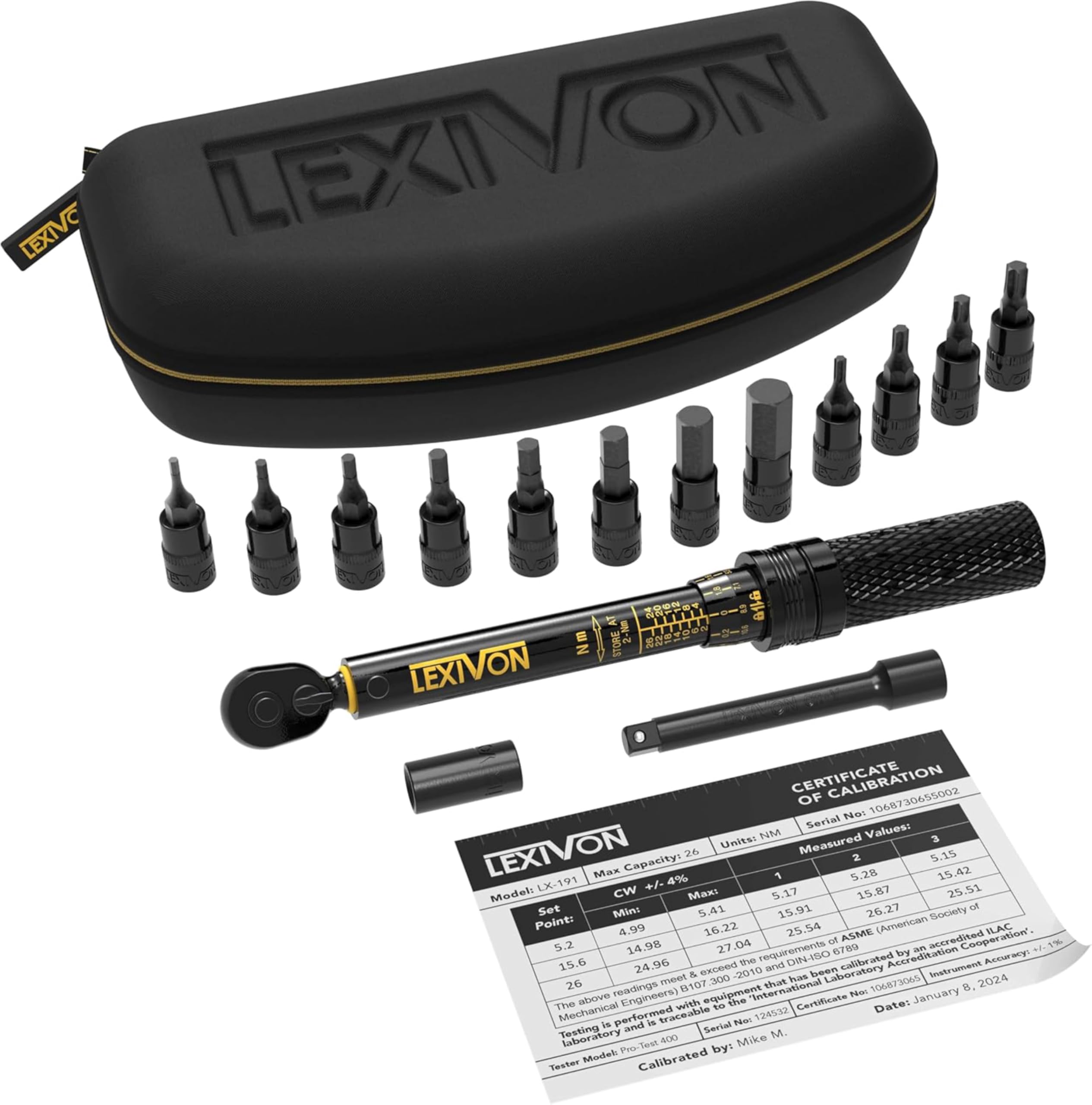 LEXIVON Cle Dynamometrique Velo 1/4, 2-26Nm CW (±4%) CCW (±6%), Clé Dynamométrique Moto, Embouts Torx, Barre d'Extension, Adaptateur Douille Inclus - Clef Dynamometrique (LX-191)