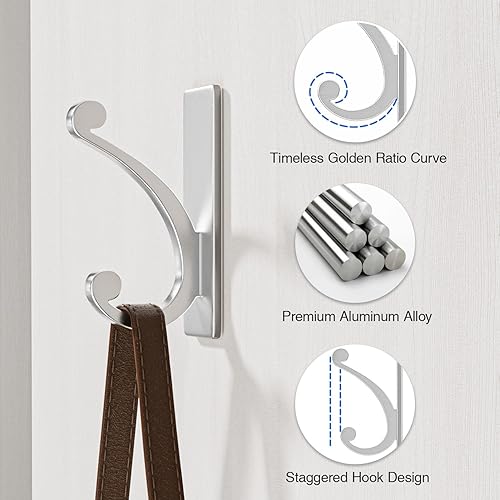 Miniatura 4 de Paquete de 8 ganchos adhesivos de pared para toallaabrigo, extra pegajoso de 10 libras, acero inoxidable, para colgar en el baño o la ducha,
