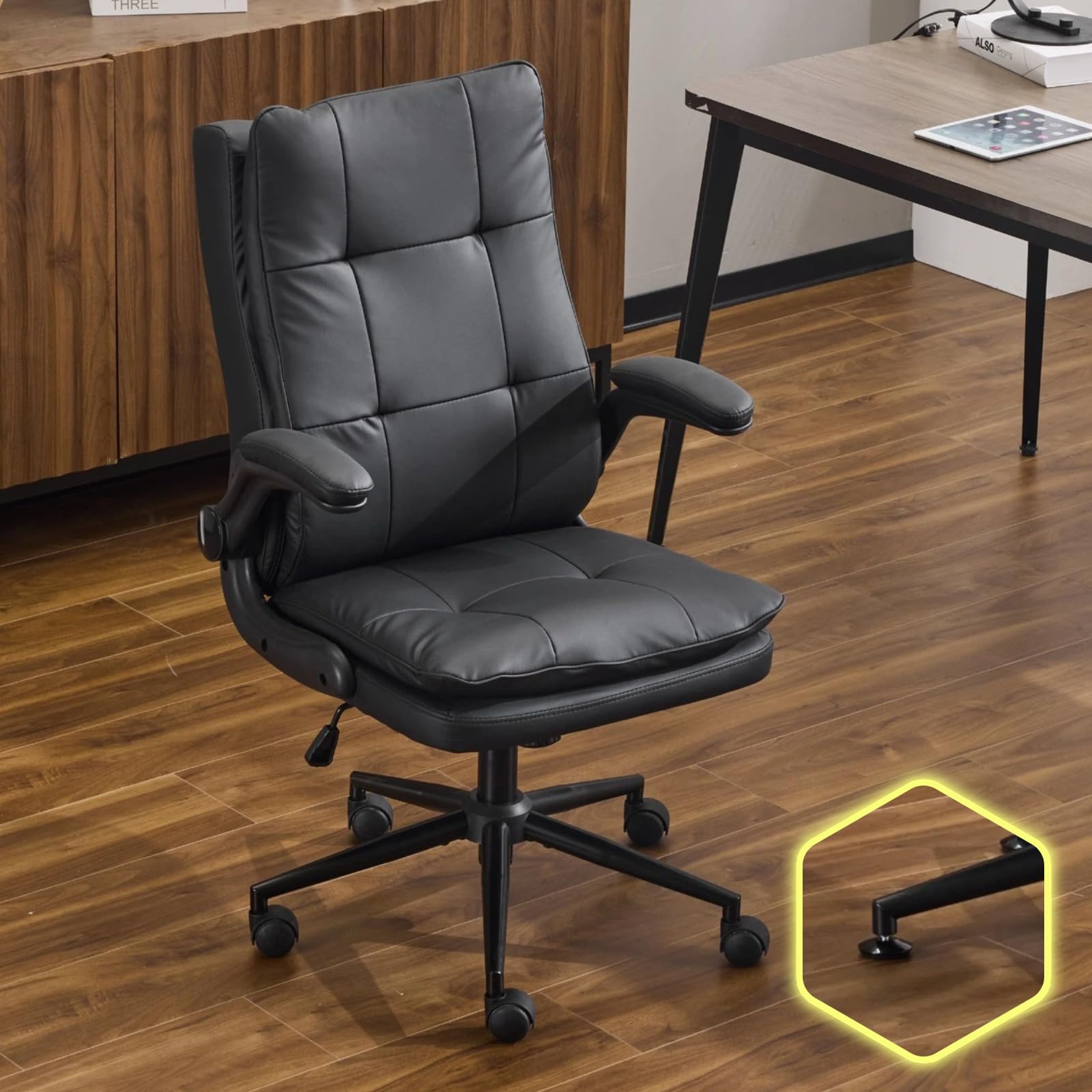 Bonnlo Comfy Leather Office Desk Chair,Ergonomic High-Back Executive Computer Gaming Chair with Replaceable Wheels, Adjustable Height & Flip-up Armrests,360 Swivel Task Chair for Home Office, Black