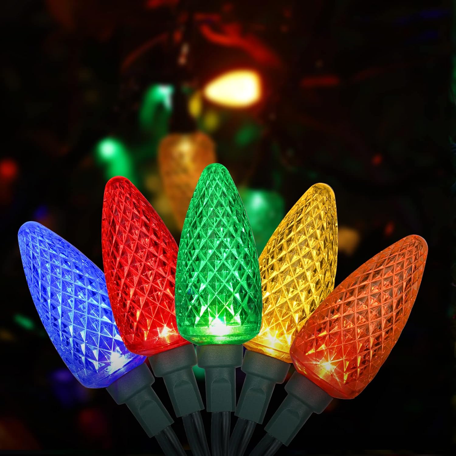 DEWENWILS Christmas String Lights Outdoor, C7 LED Bulbs，33.3ft 50 LED Multi Color String Lights, Outdoor Decorations for Christmas Tree, Patio, Garden, Yard, Green Wire, UL Listed