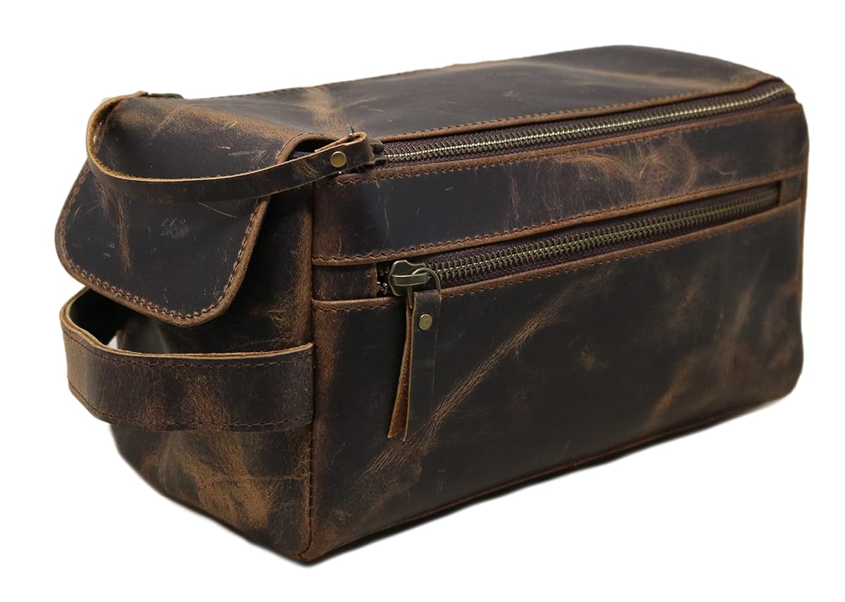 Men's Buffalo Genuine Leather Toiletry Bag Waterproof Dopp Kit Shaving Bags And